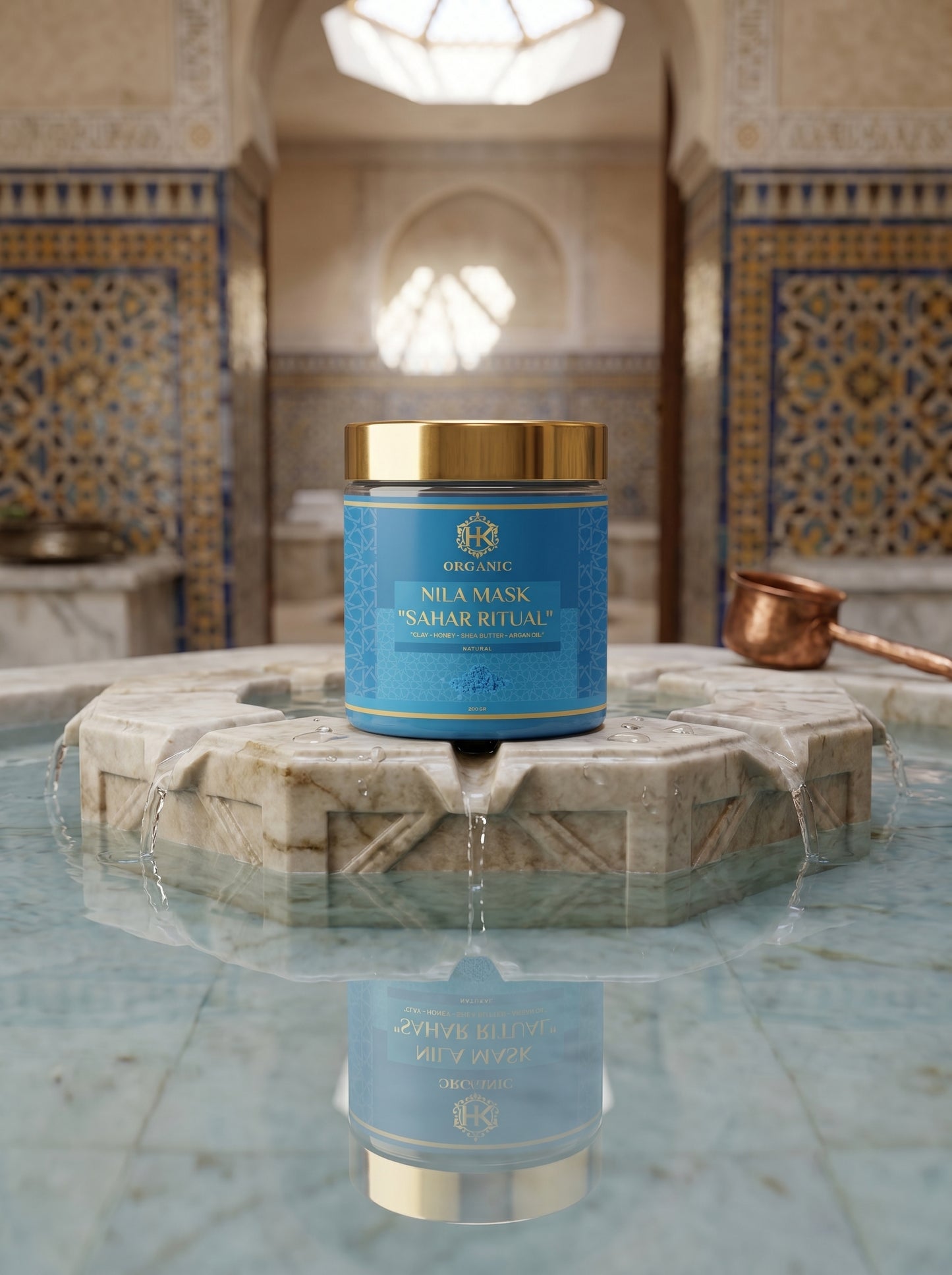 Blue jar with gold lid on a stone surface in a decorative interior setting