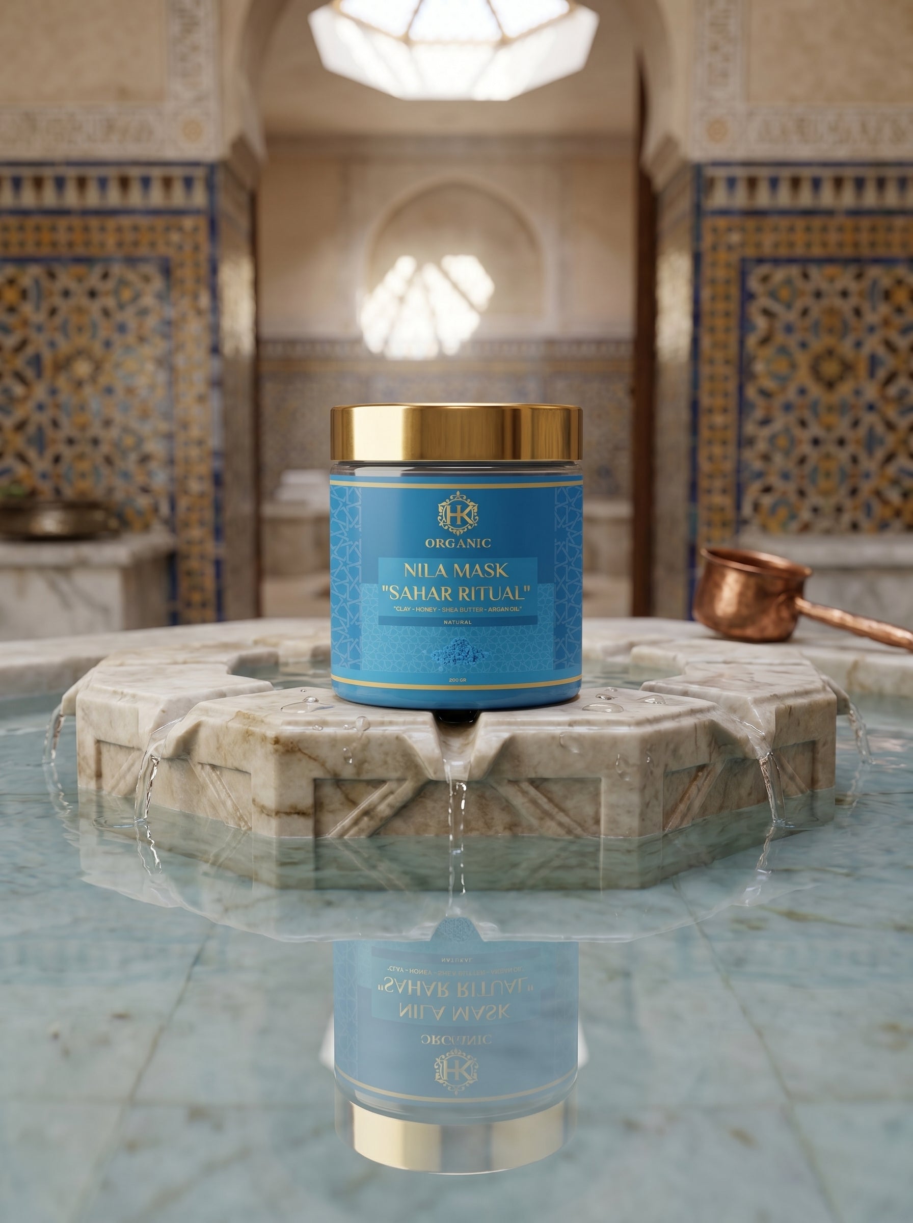 Blue jar with gold lid on a stone surface in a decorative interior setting