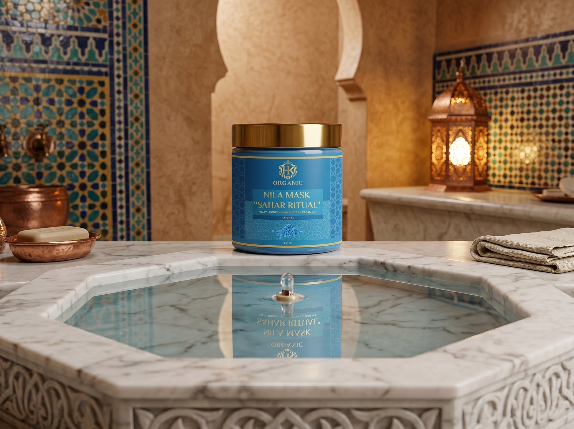 Blue jar of skincare product on a marble surface with decorative tiles and lantern in the background