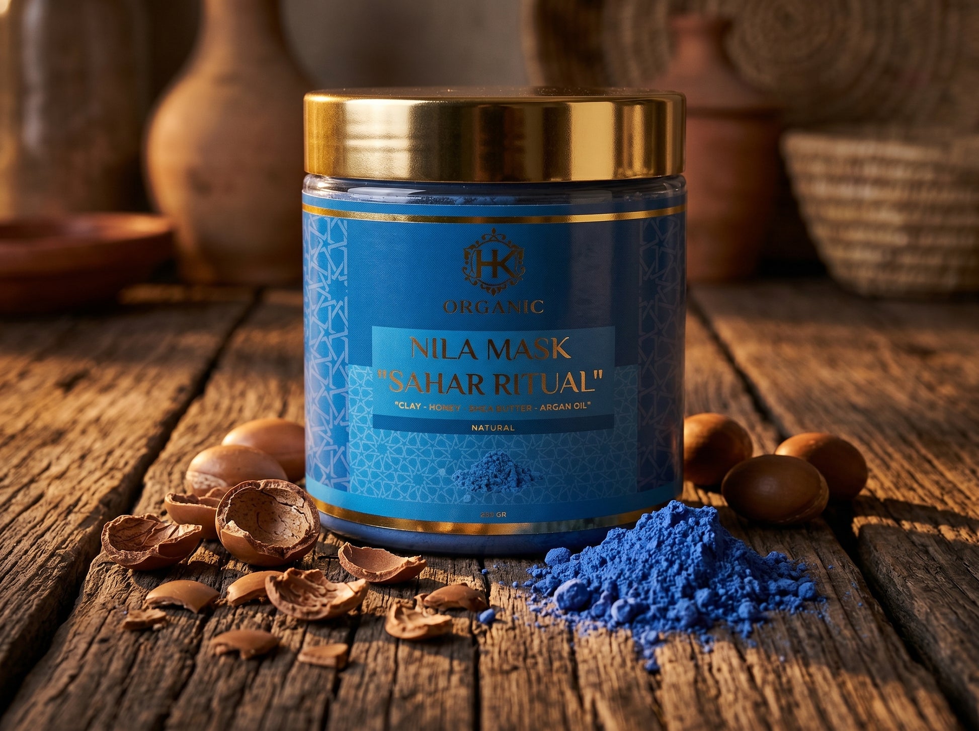 Blue jar of 'Nila Mask' on a wooden surface with blue powder and nuts.