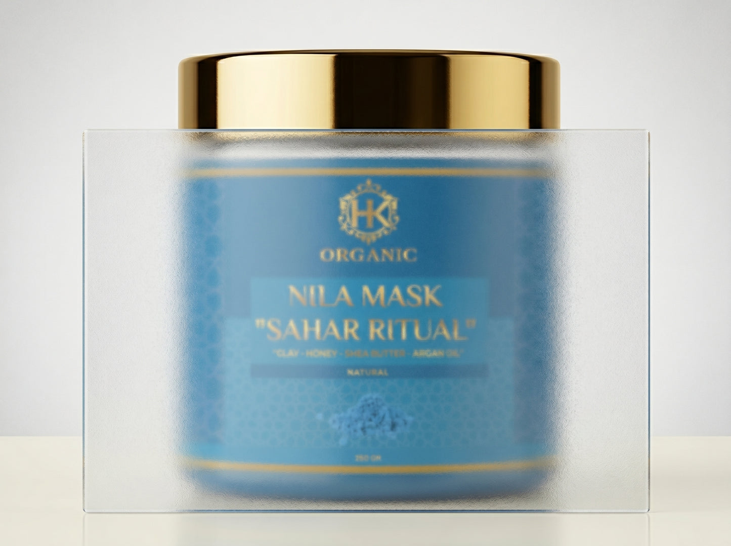 Blue jar with gold lid labeled 'Nila Mask Sahar Ritual' on a white background