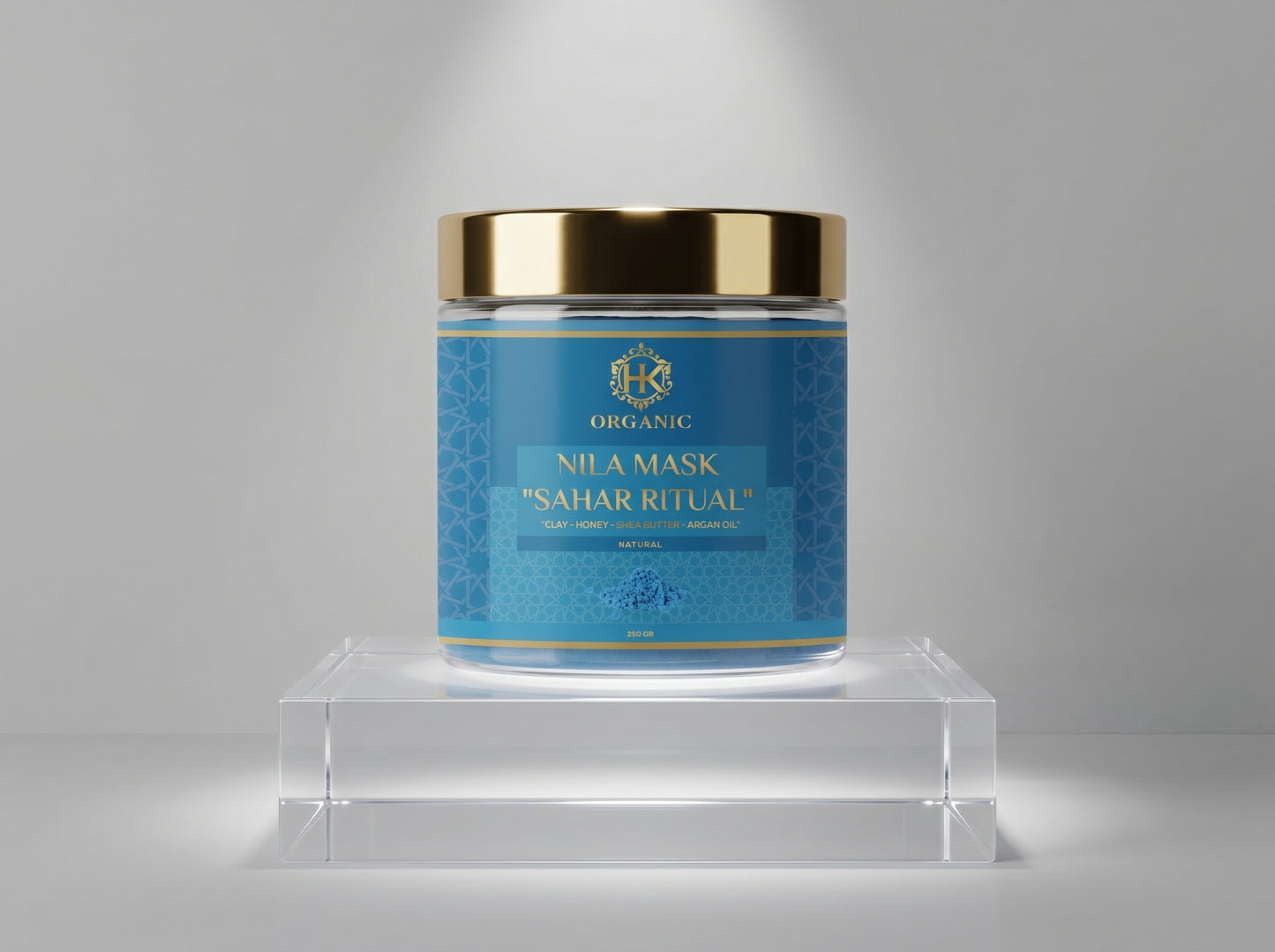 Cosmetic jar labeled 'Sahar Ritual' on a gray background