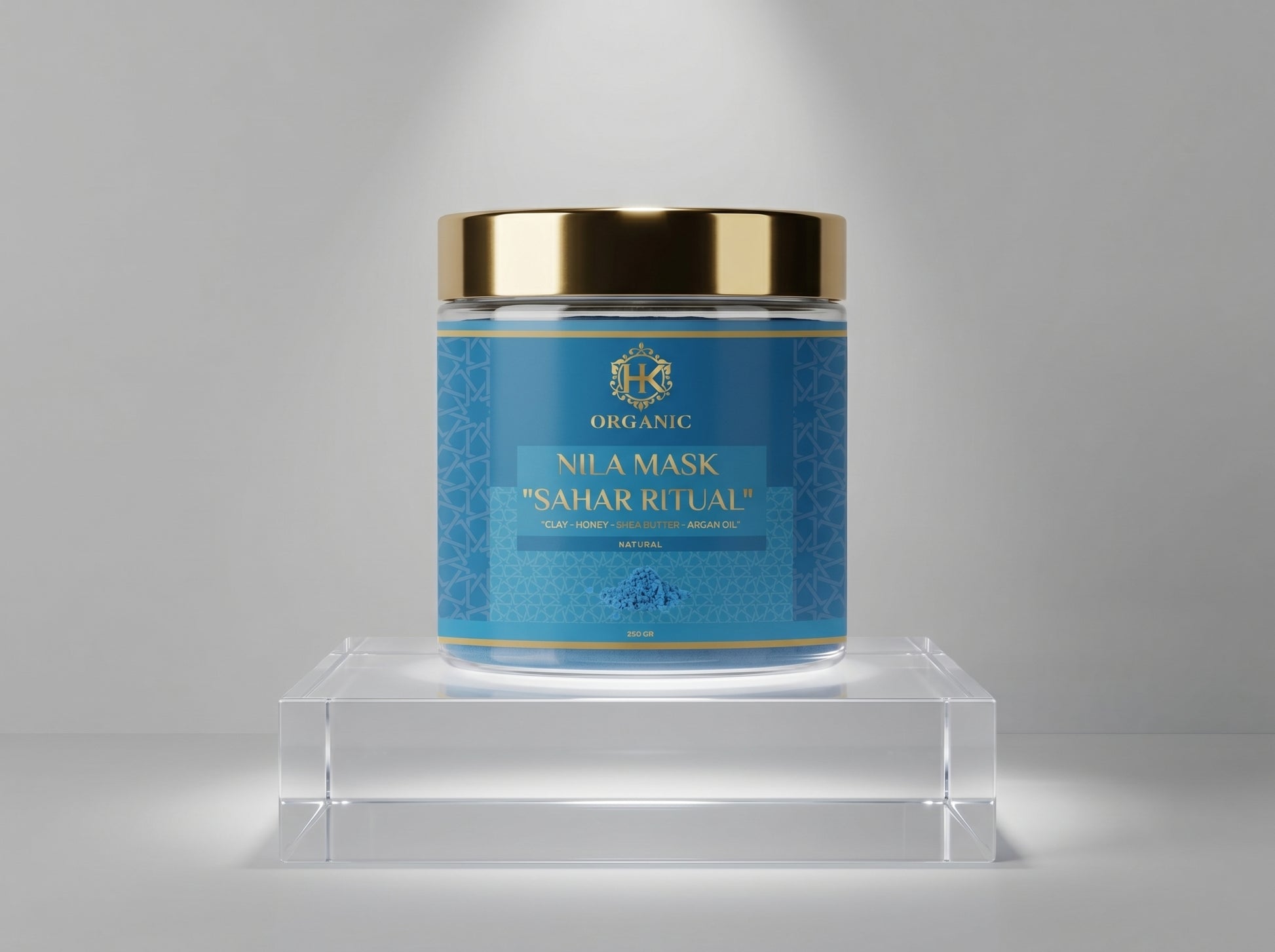Cosmetic jar labeled 'Sahar Ritual' on a gray background