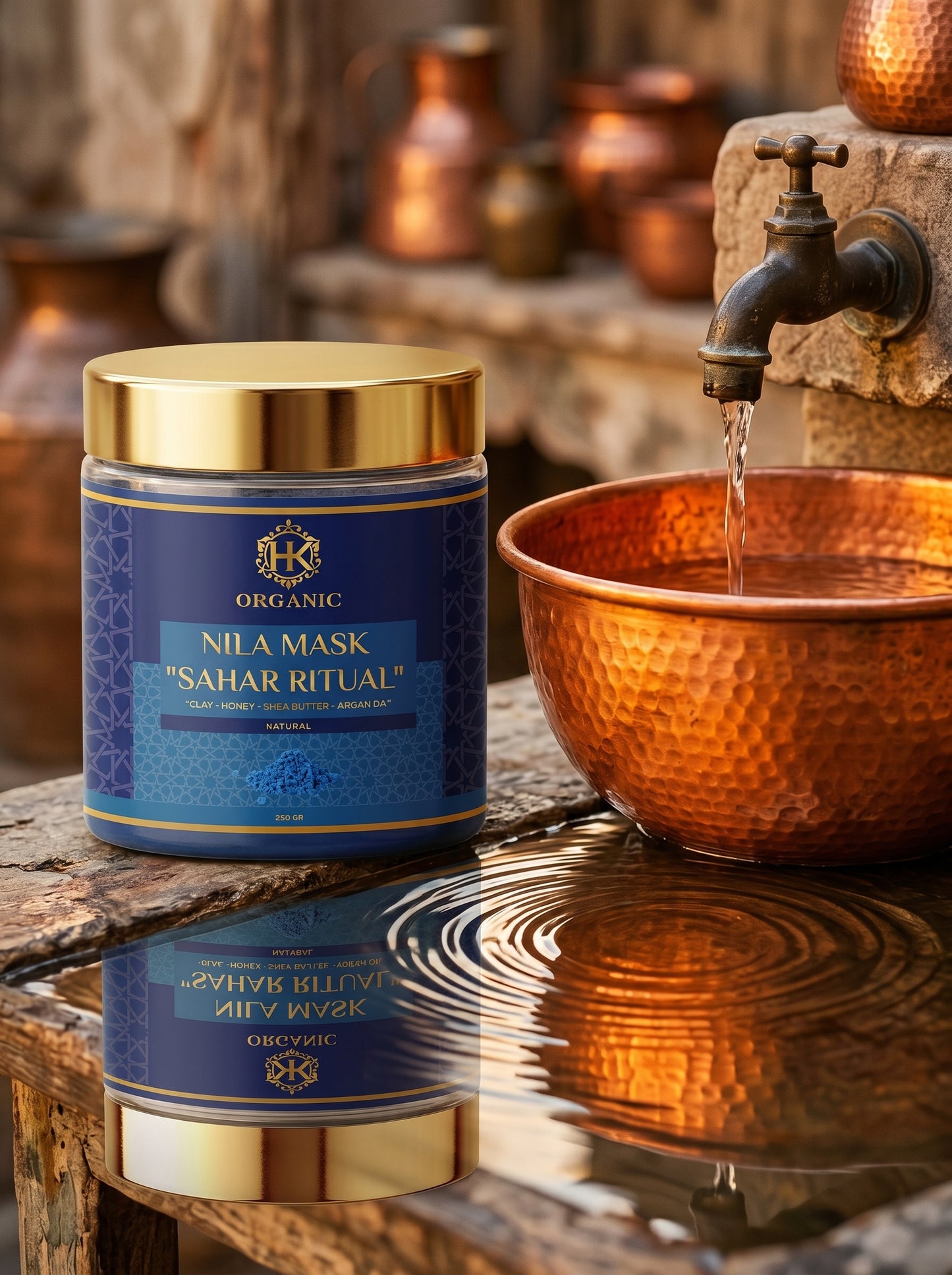 Blue jar labeled 'Nila Mask Sahar Ritual' with a gold lid on a reflective surface, with a copper bowl and faucet in the background.