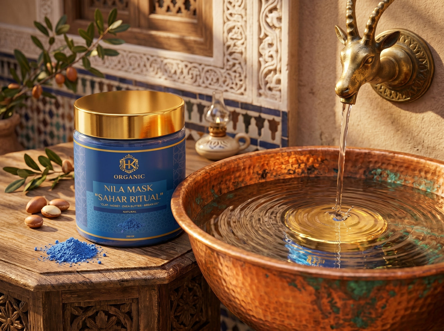 Blue jar labeled 'Nila Mask' next to a copper basin with water being poured into it, set against an ornate wall.