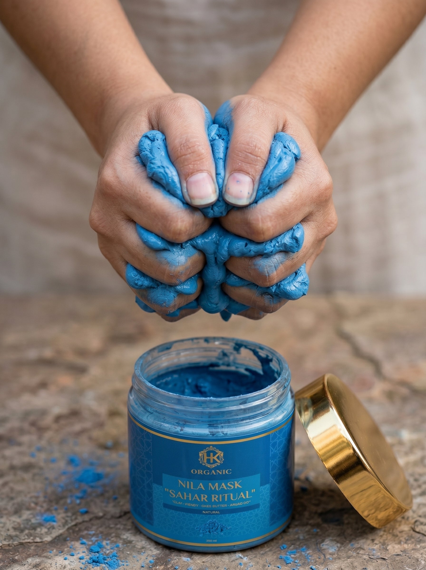 Person squeezing blue mask from a jar labeled 'Nila Mask' on a stone surface.