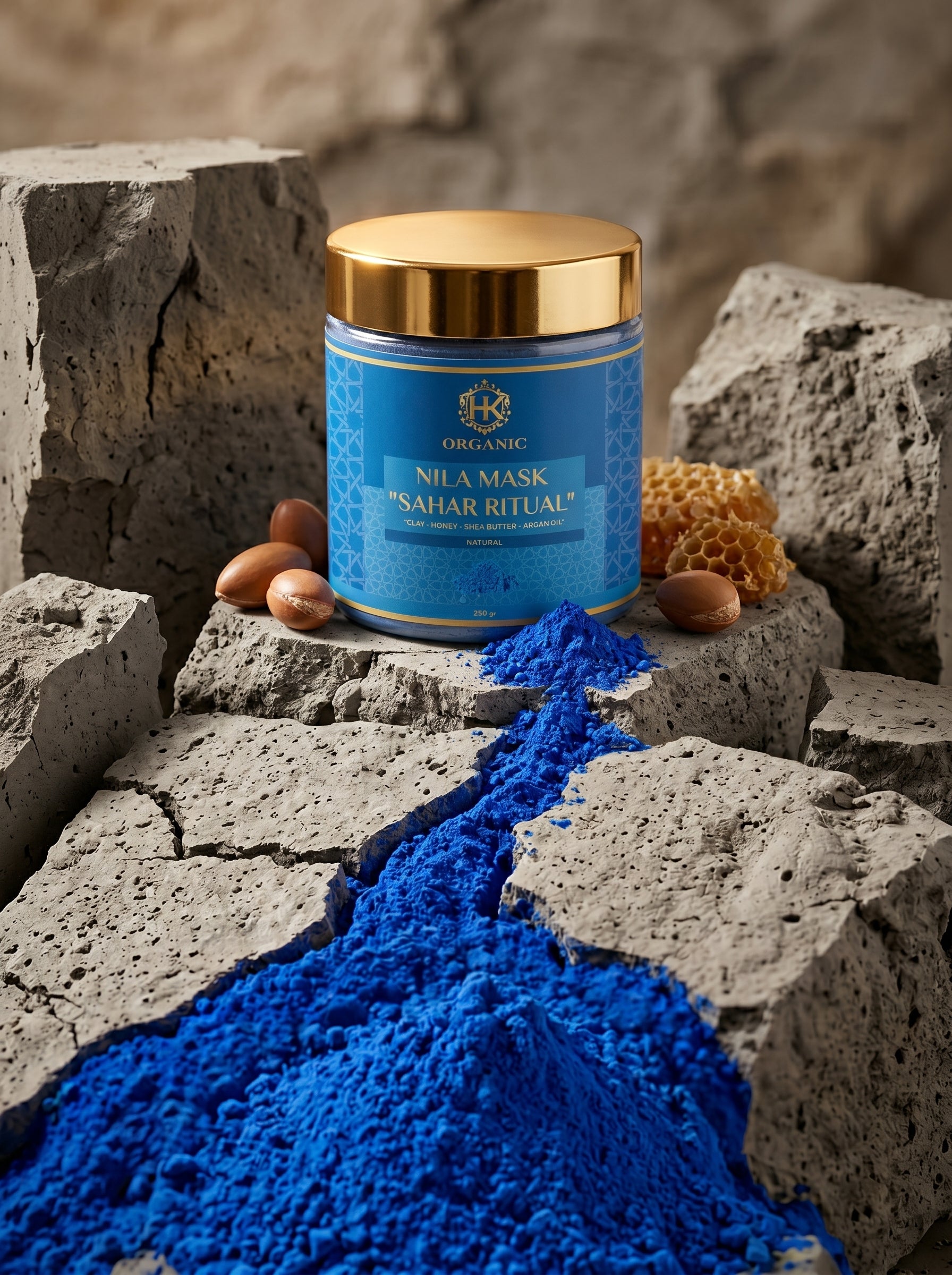 Blue mask jar with gold lid on stone surface