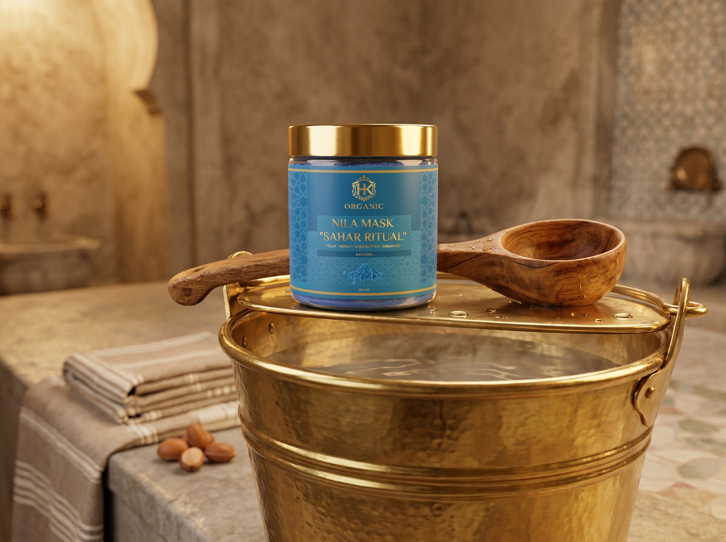 Blue jar labeled 'Nia Mask' on a gold bucket with wooden spoon in a bathroom setting