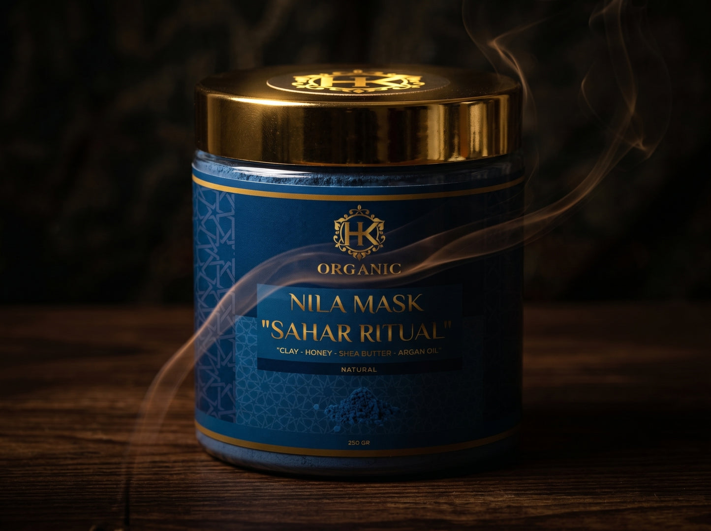 Blue jar with gold lid labeled 'Nila Mask Sahar Ritual' on a dark background
