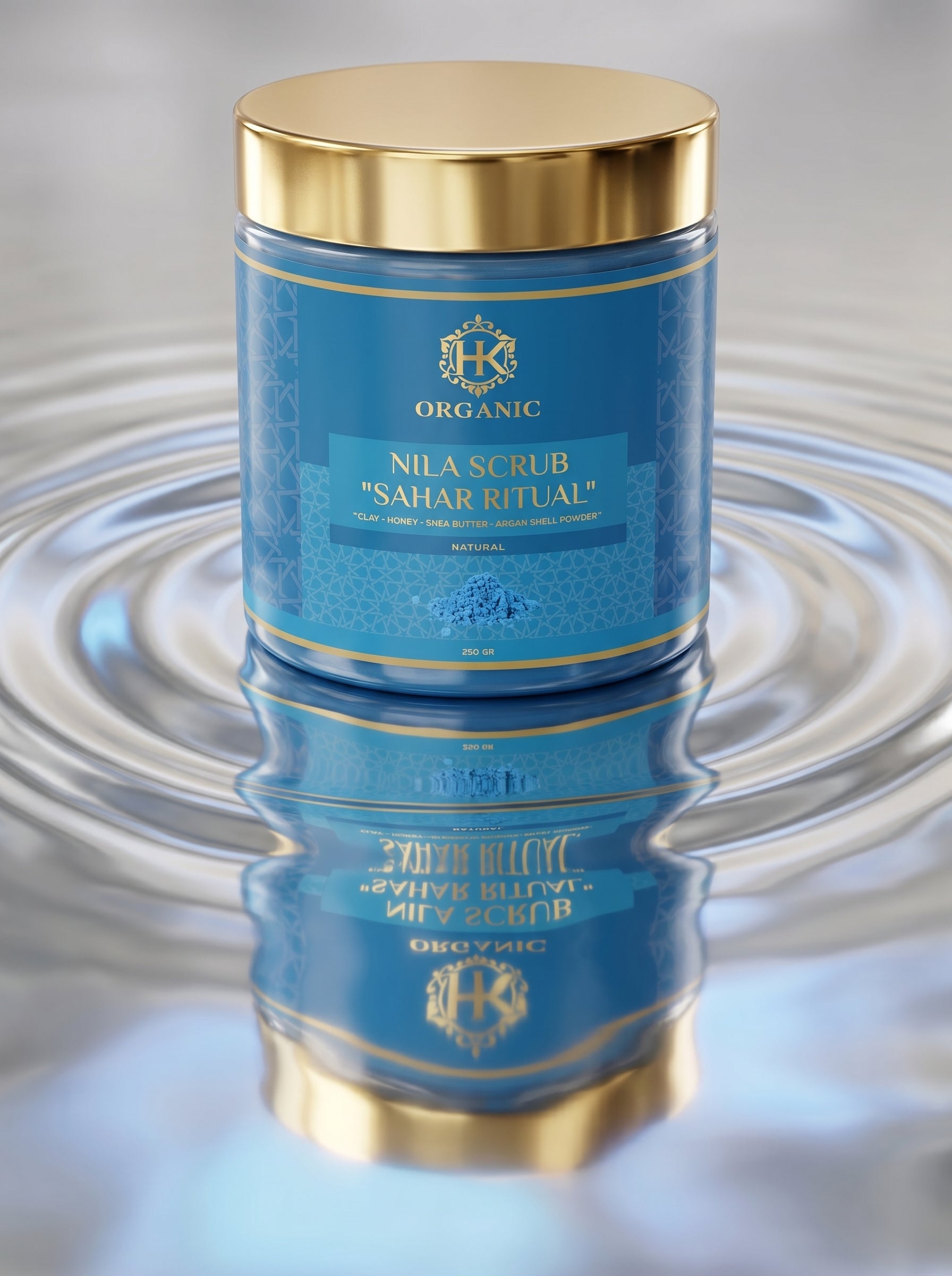 Blue jar with gold lid on a reflective surface