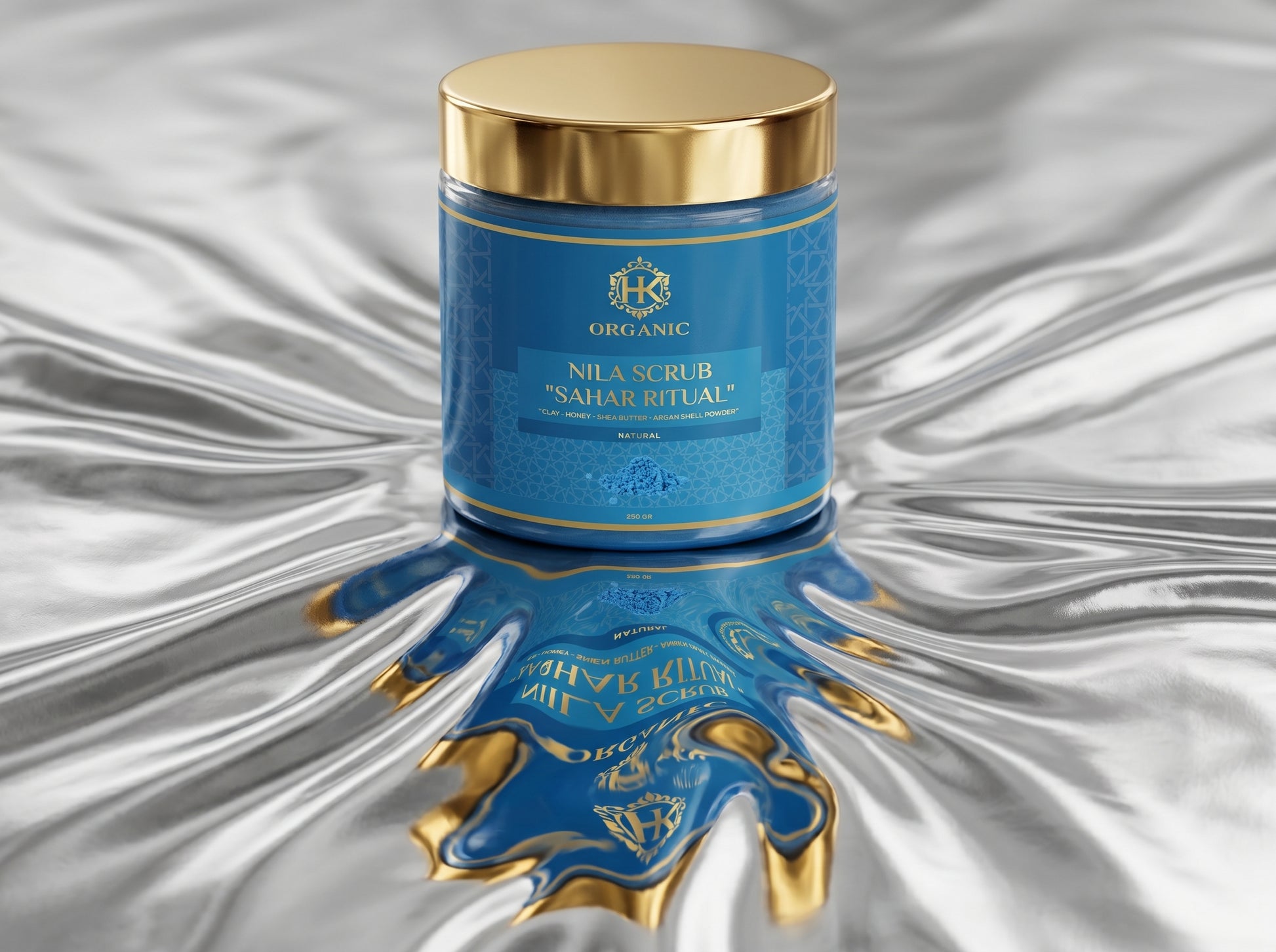 Blue jar with gold lid on a reflective silver background