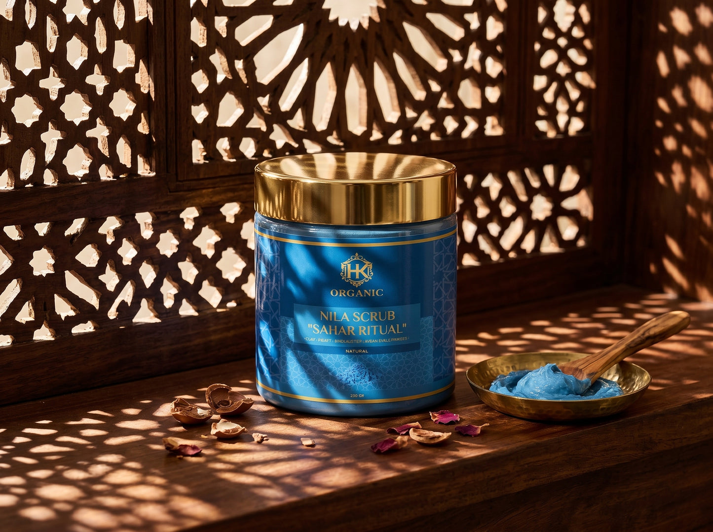 Blue scrub jar with gold lid on a wooden surface with decorative background