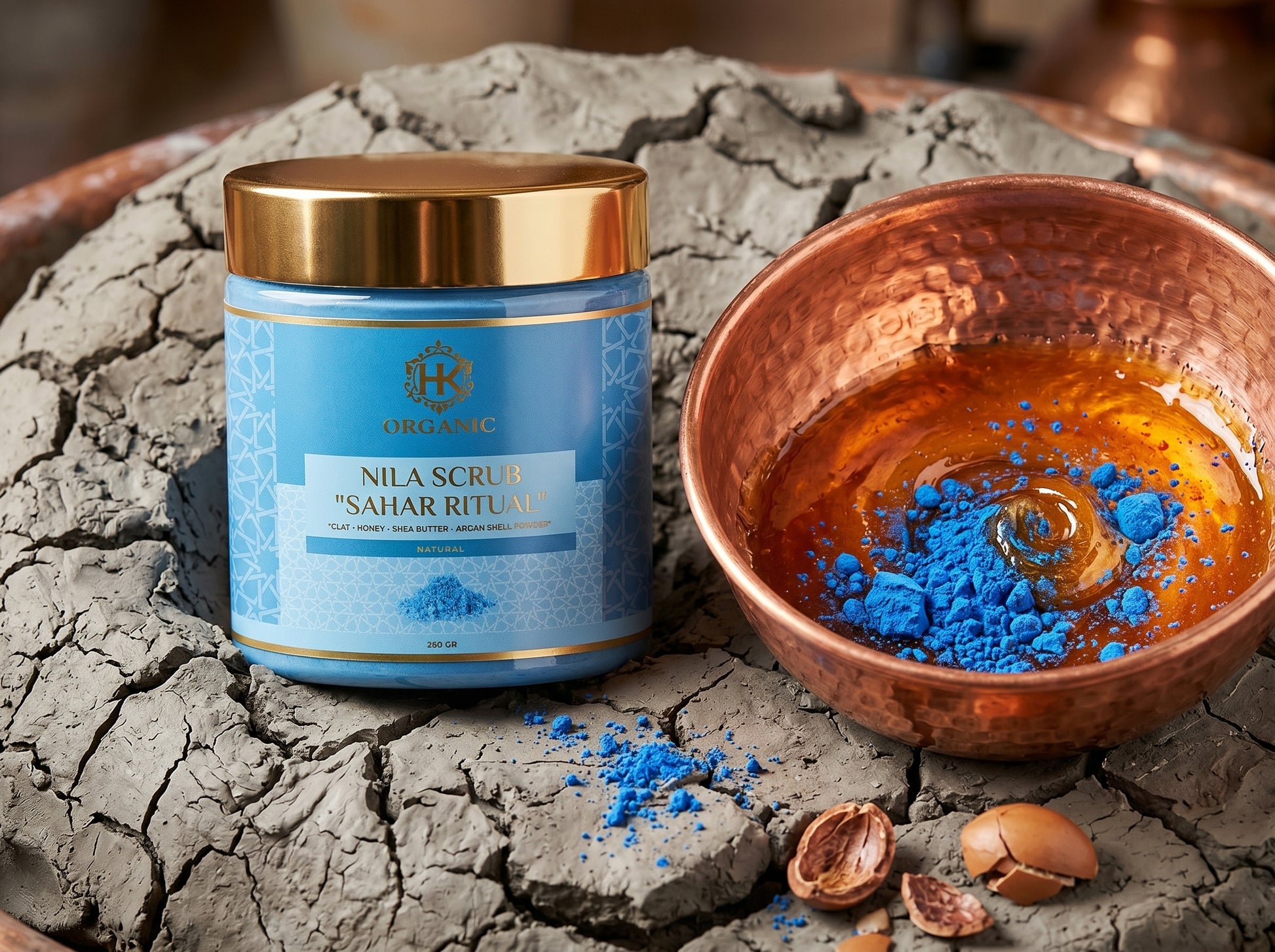 Nila Scrub container with blue powder in a copper bowl on a textured surface