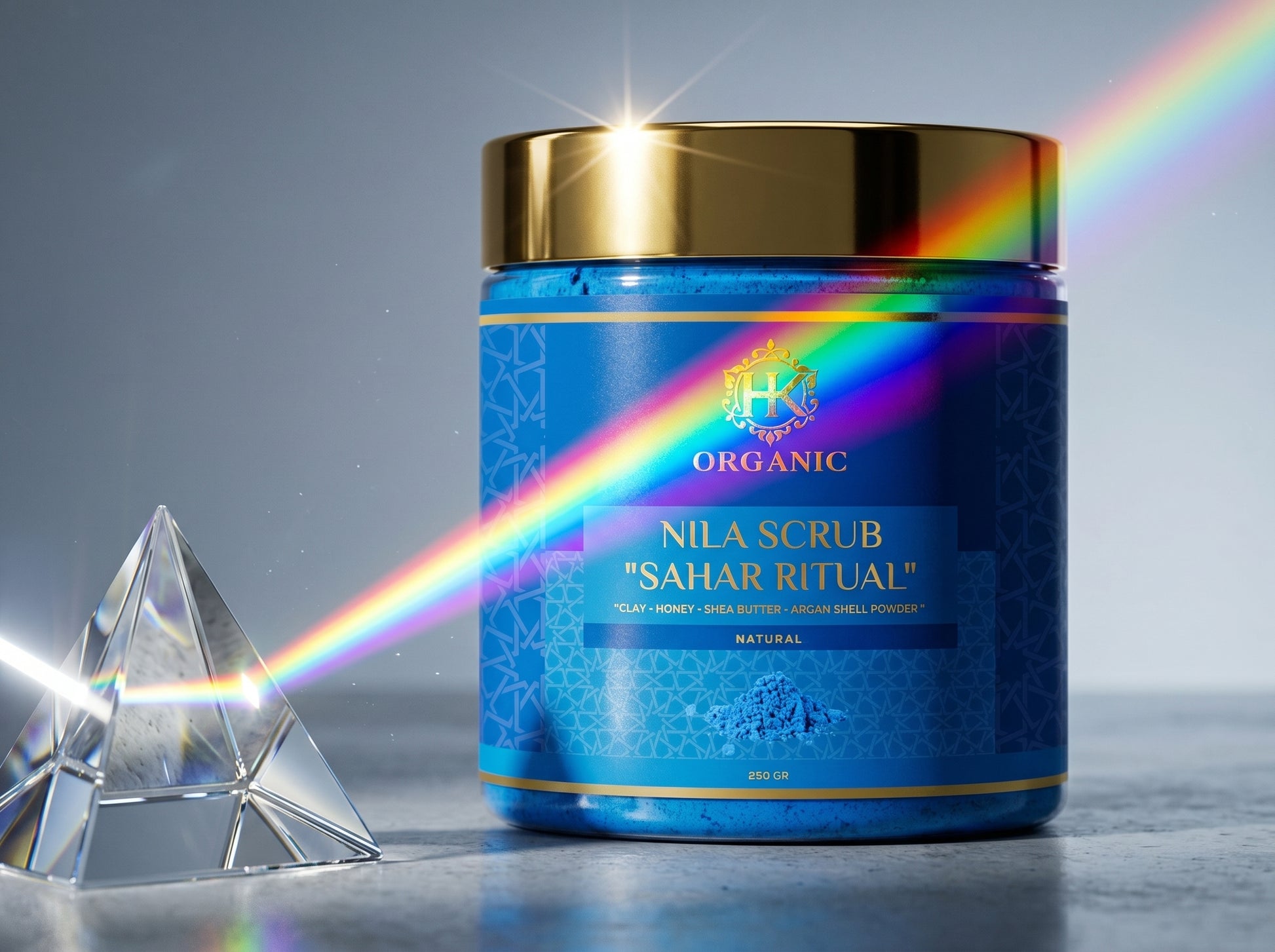 Blue scrub container with gold lid and rainbow effect, next to a crystal pyramid on a gray background
