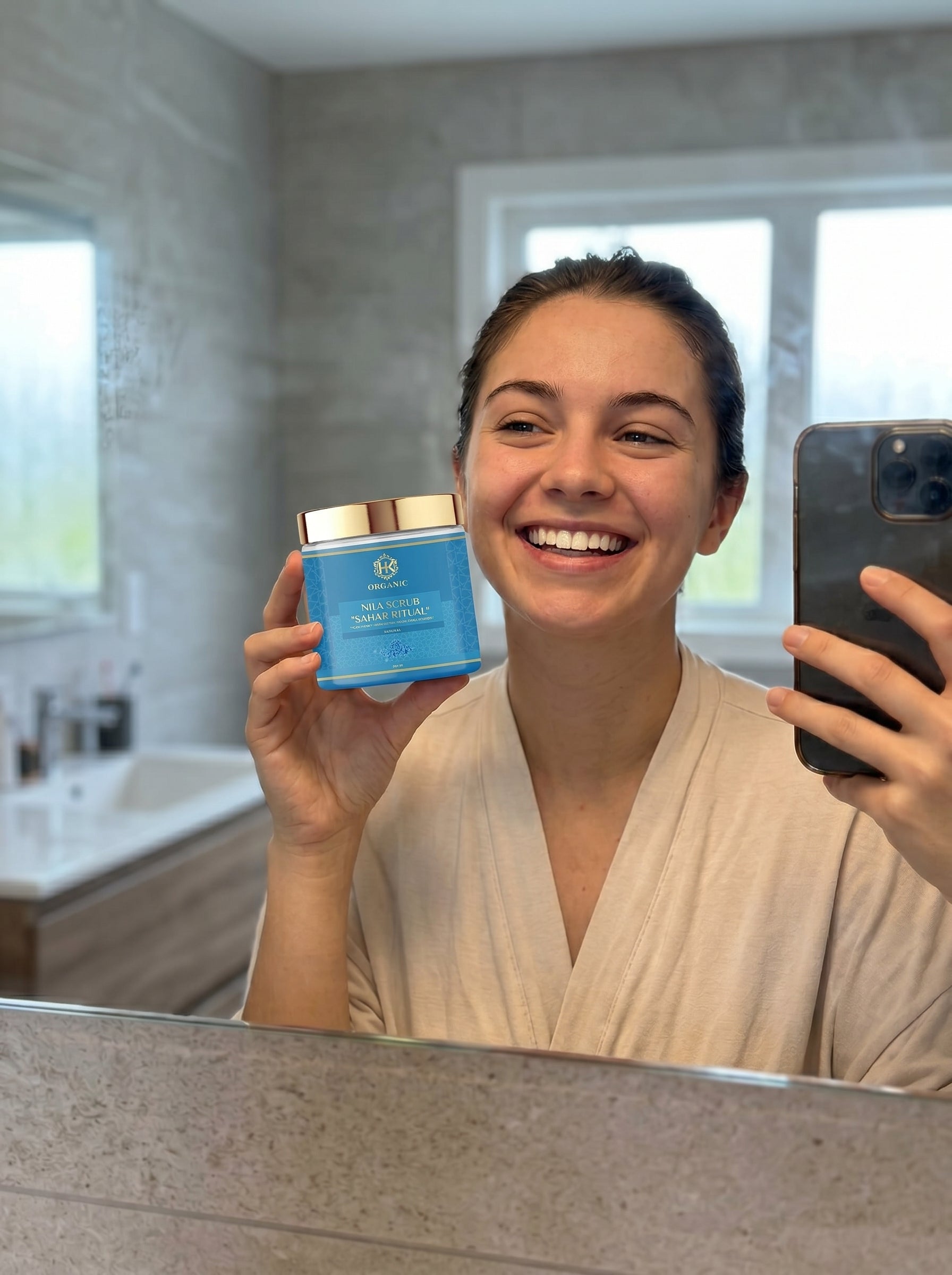 Person holding a blue skincare jar in front of a mirror