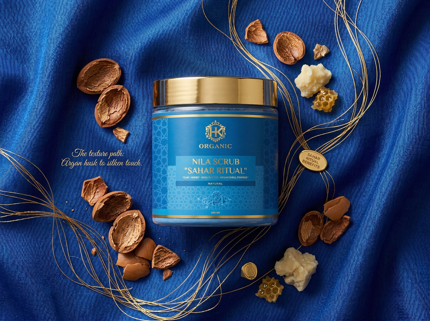 Blue jar of Nila Scrub with gold lid on a blue fabric background