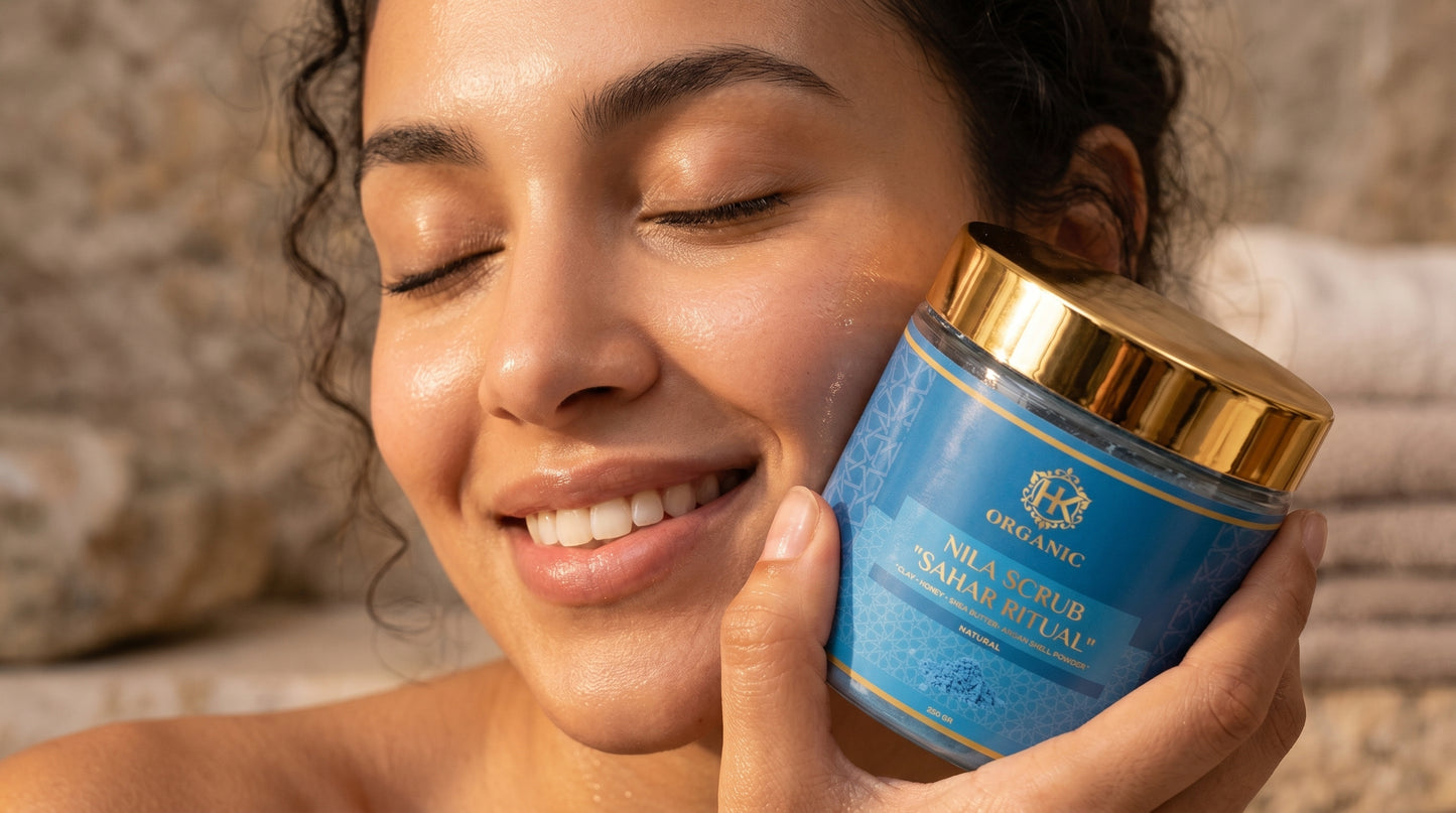 Woman applying a blue jar of organic night cream to her face.