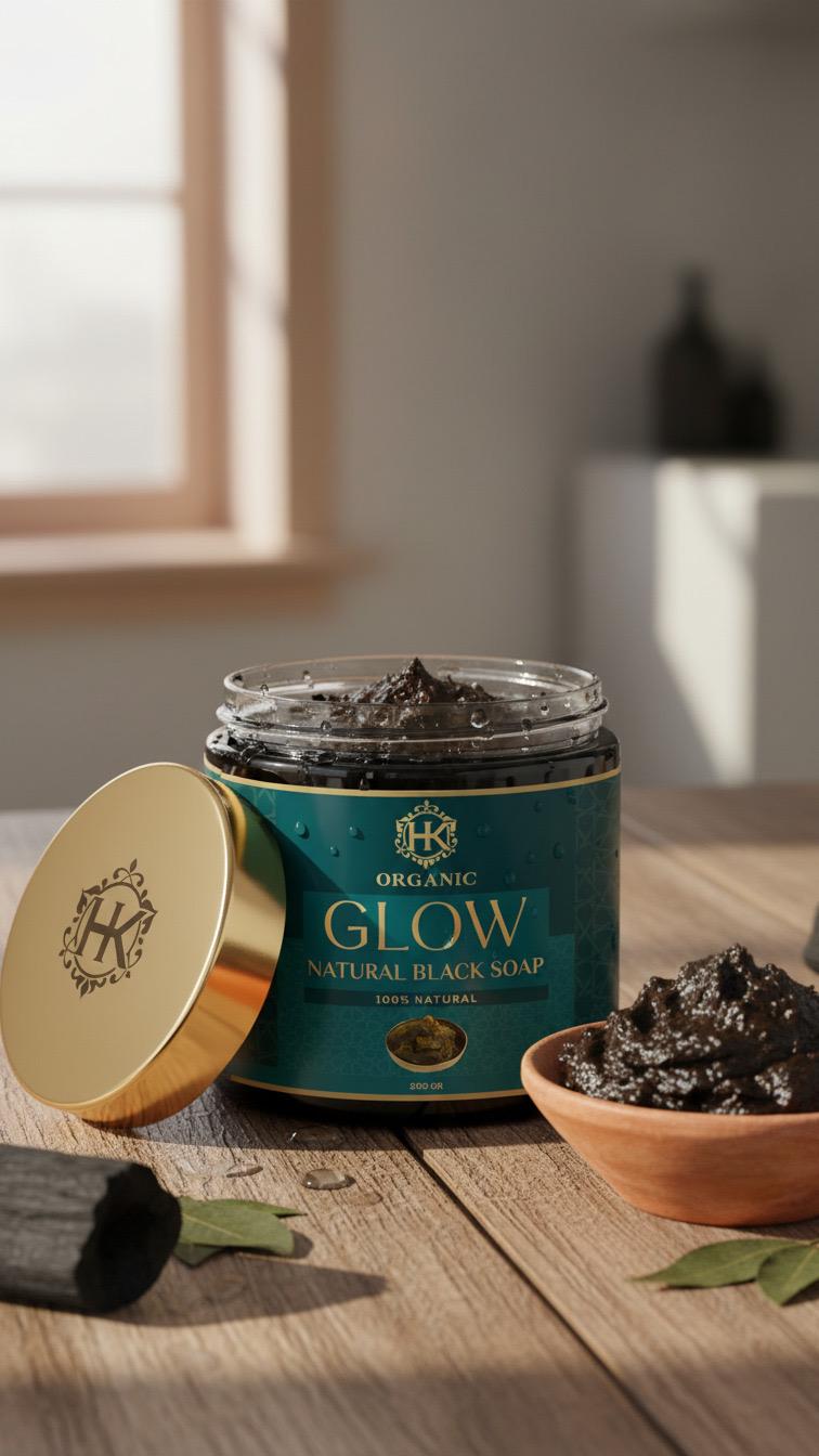 Jar of 'Glow' natural black soap with a wooden bowl of soap pieces on a wooden surface.