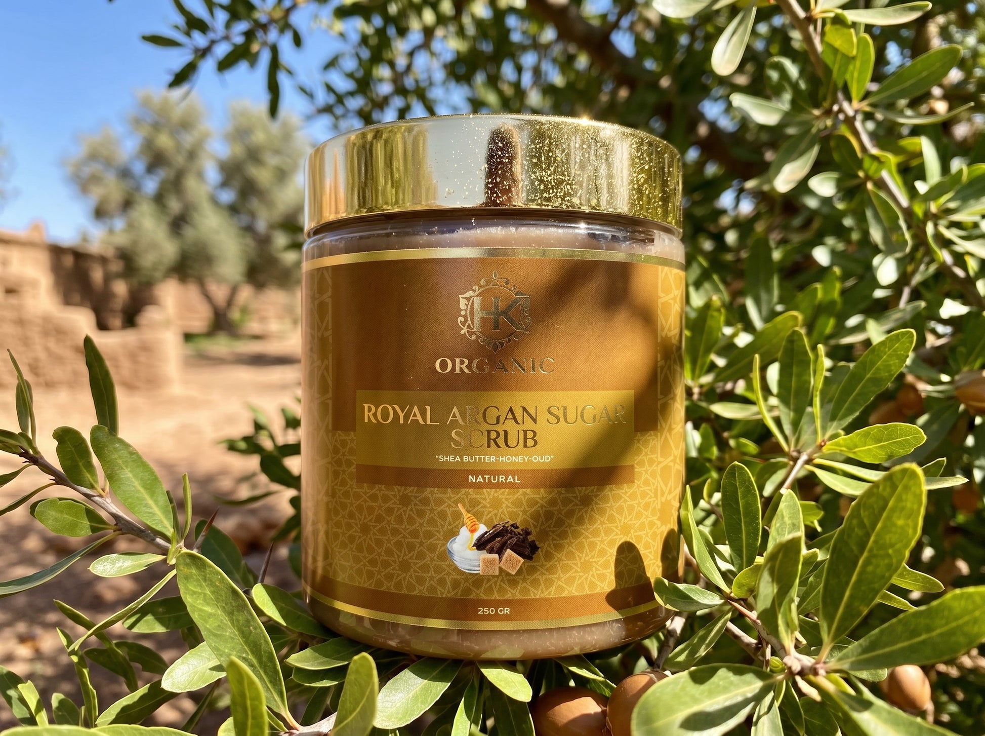 Jar of Royal Argan Sugar Scrub with a natural background