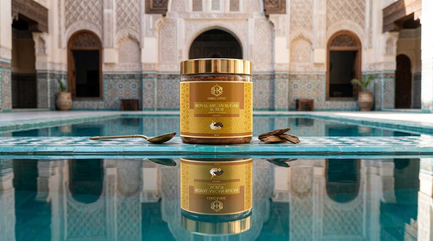 Gold jar with a reflective surface on a pool with architectural background