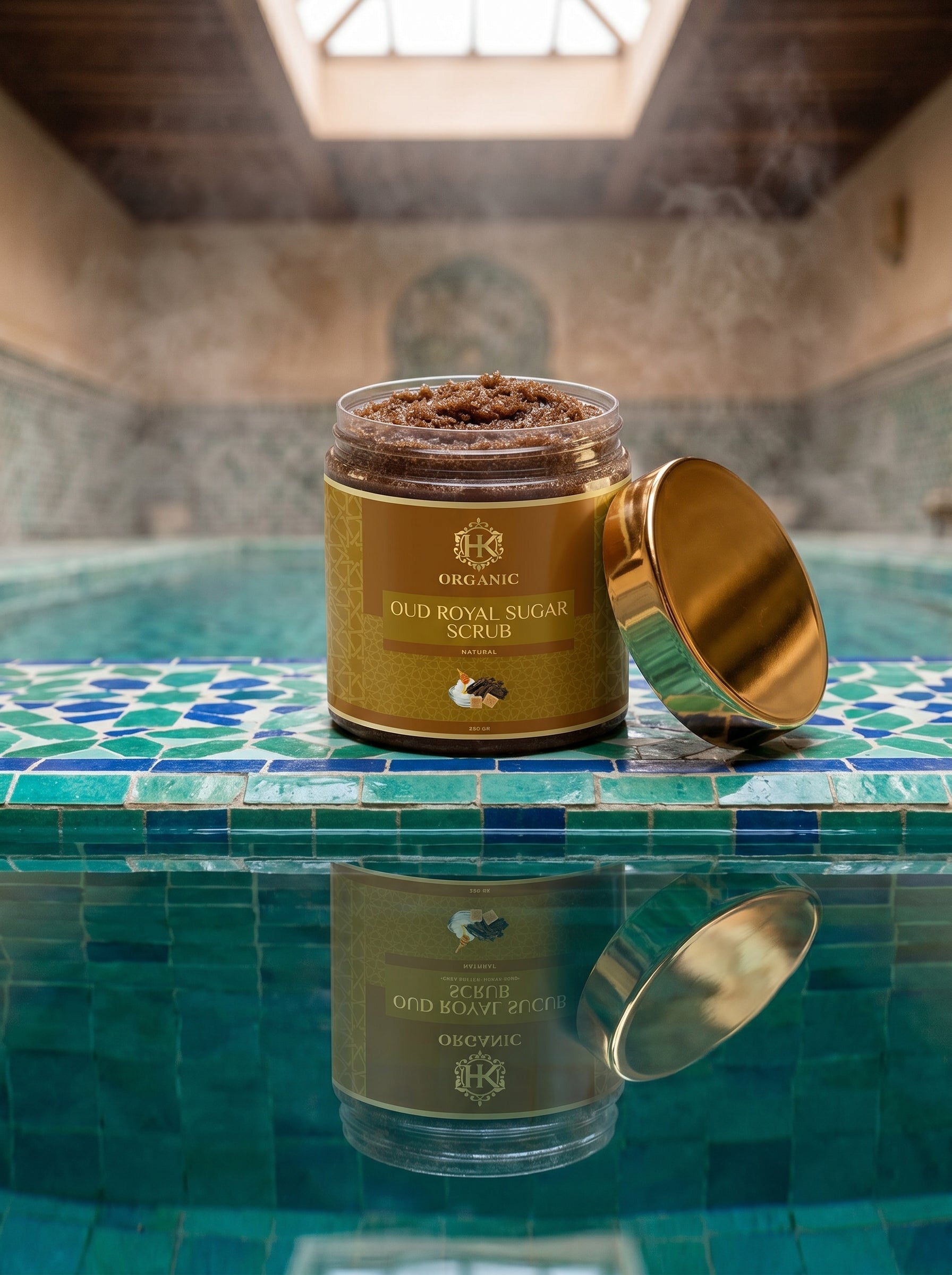 Jar of Oud Royal Sugar Scrub on a mosaic tile surface with steam in the background