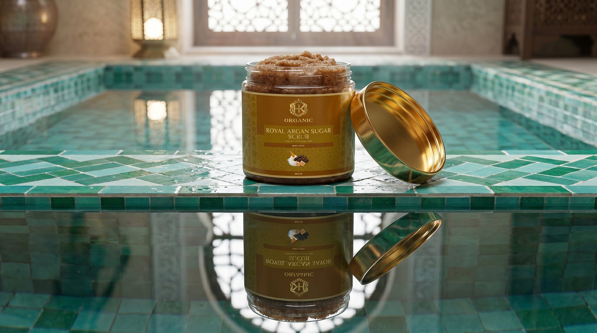 Gold jar with a lid on a reflective surface with a pool in the background