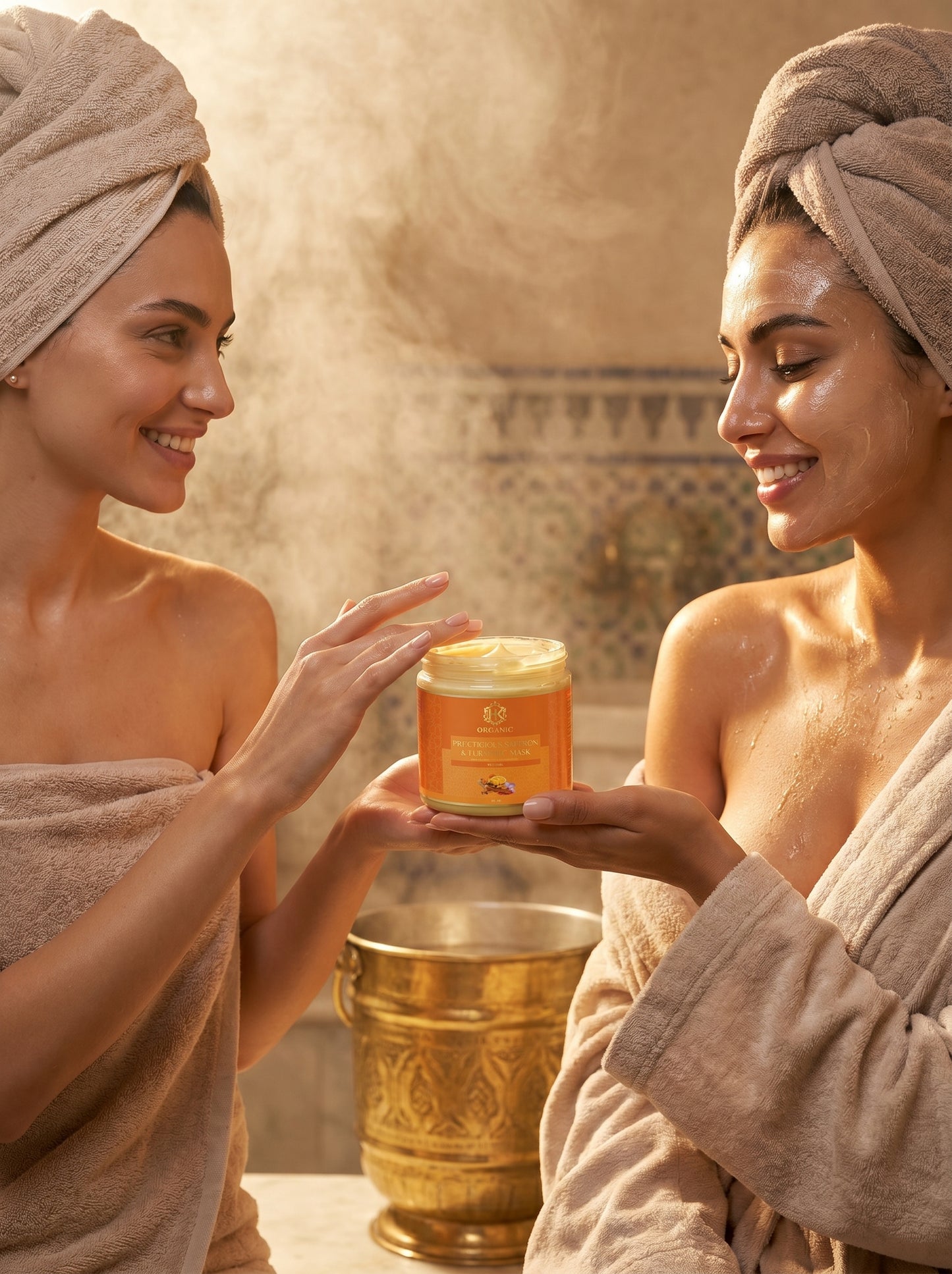 Two women in a spa setting with a jar of turmeric .