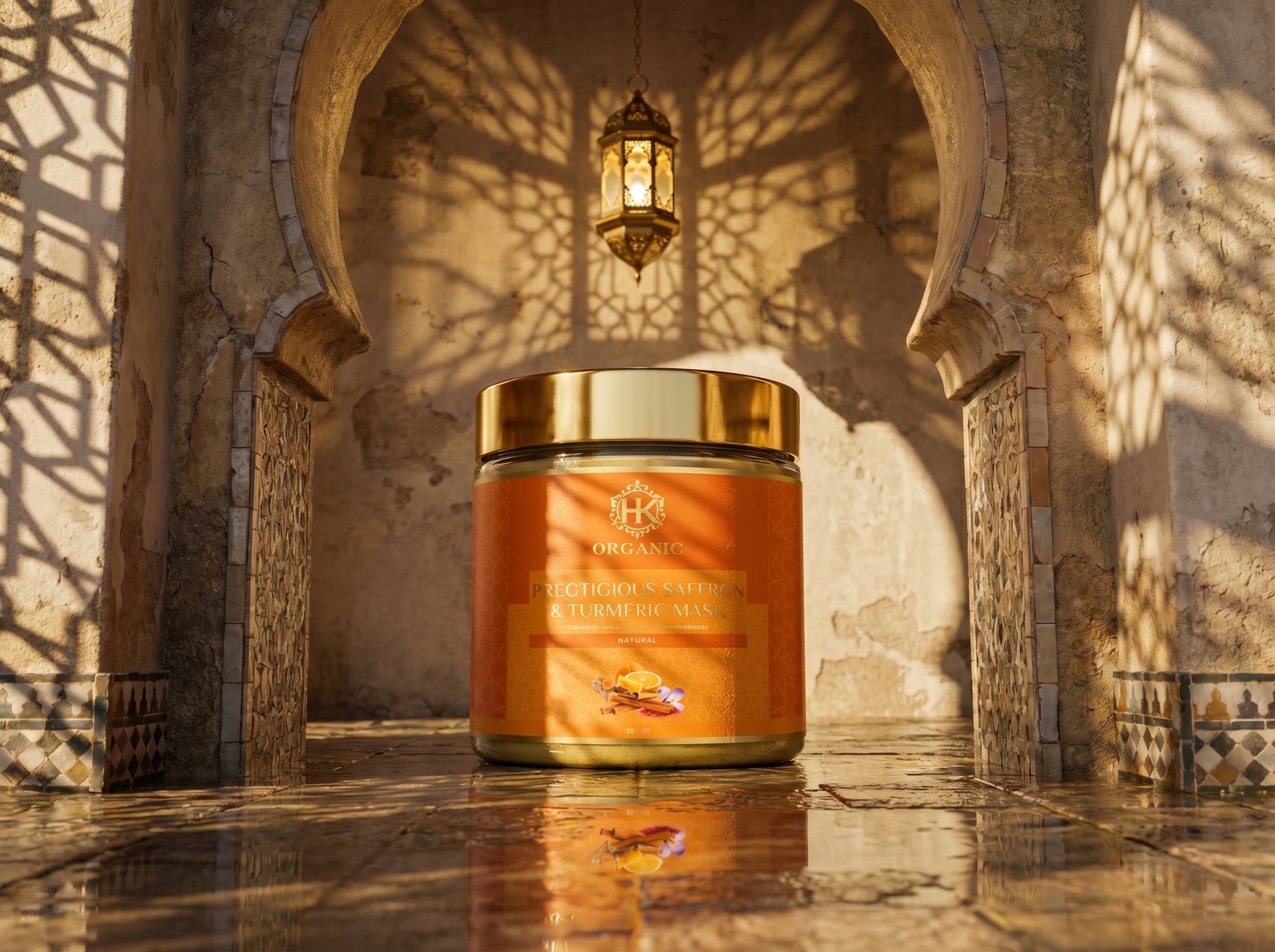 turmeric jar with gold lid in a sunlit archway