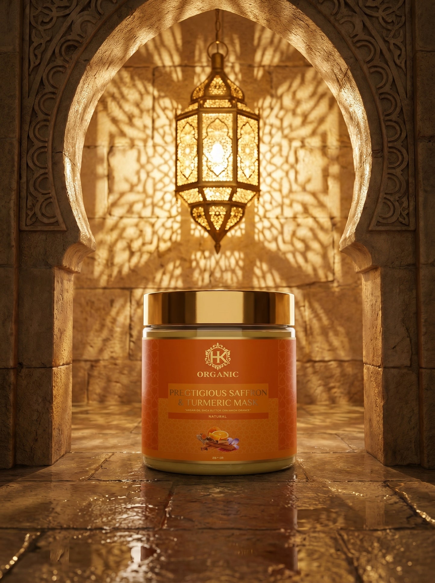 turmeric jar with a gold lid on a stone floor with a decorative arch and hanging lantern in the background.