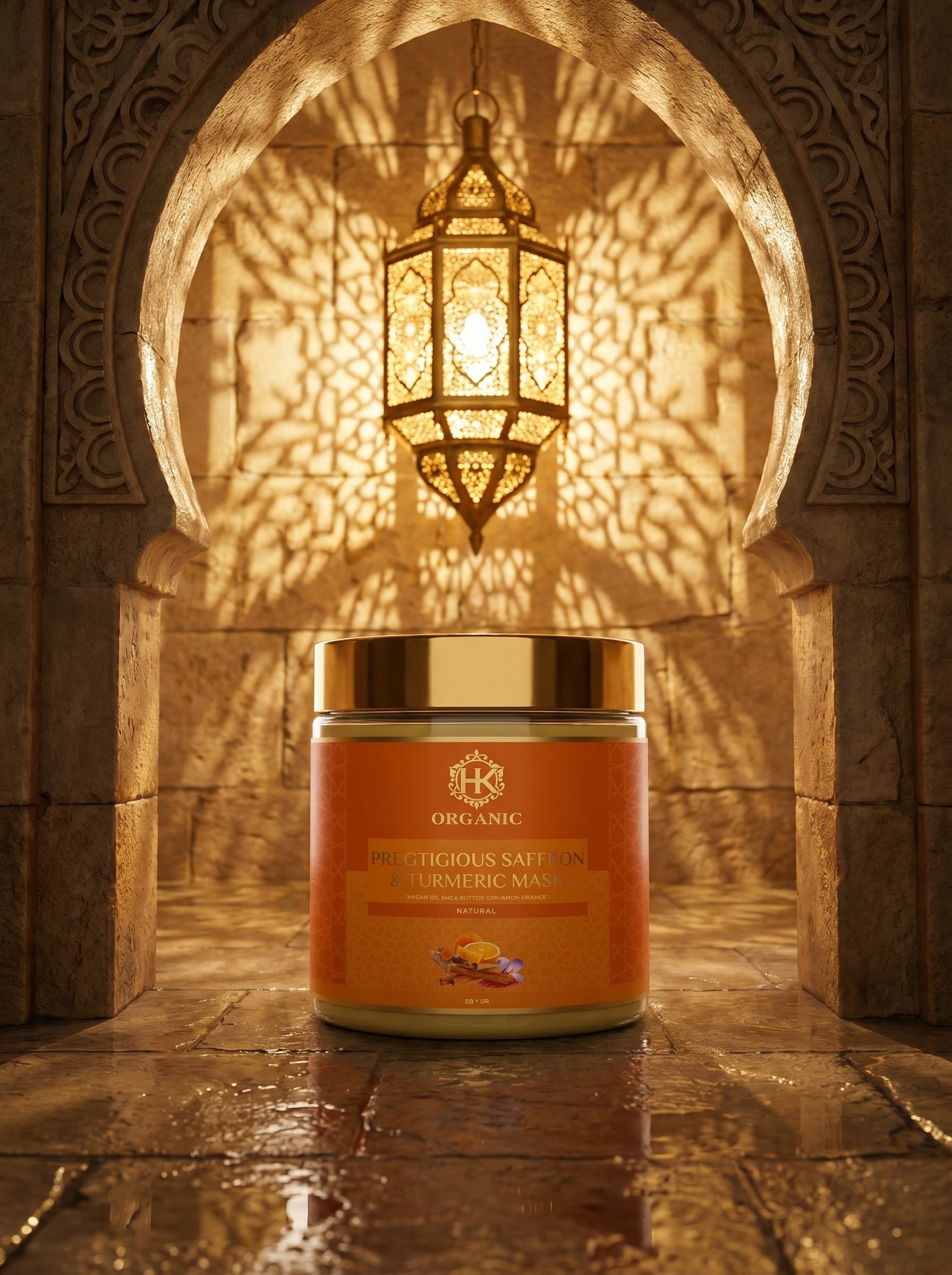 turmeric jar with a gold lid on a stone floor with a decorative arch and hanging lantern in the background.