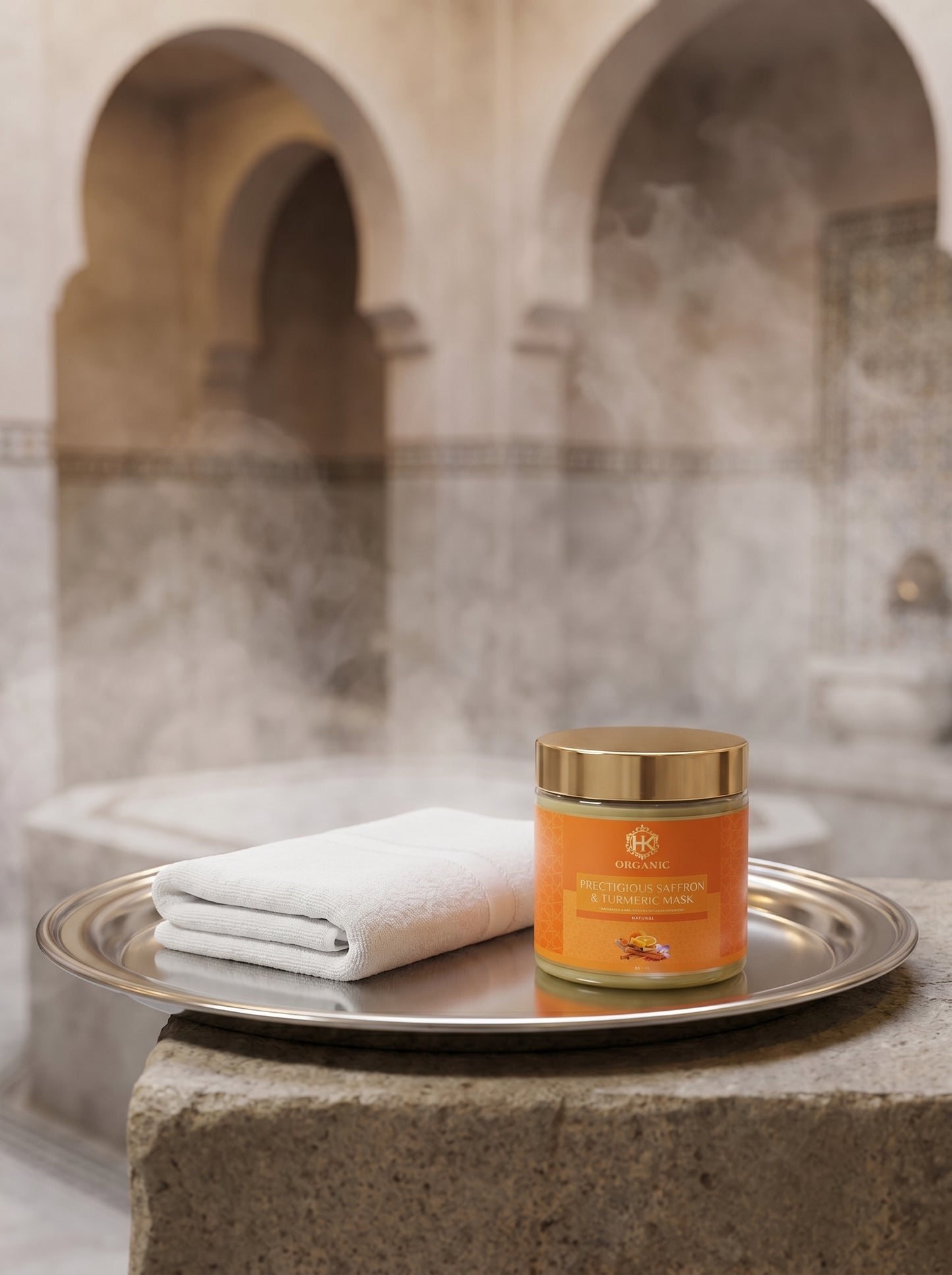 Jar of body scrub on a tray with towels in a steamy bathroom setting