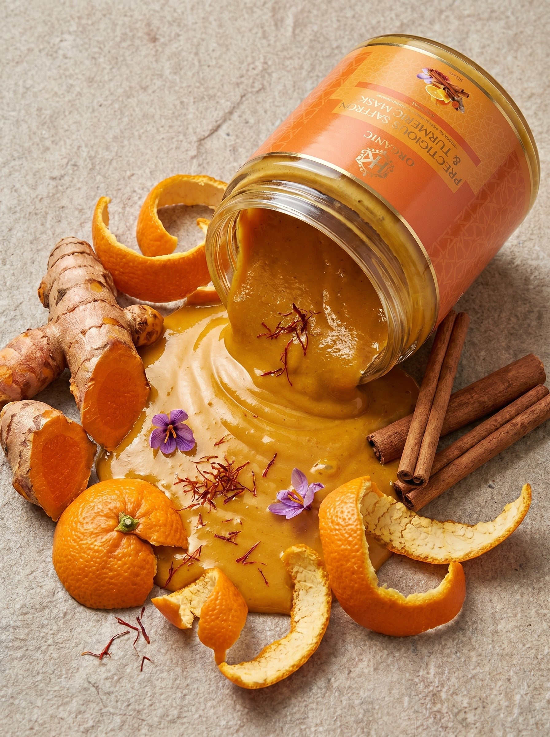 Open jar of turmeric with orange peels, cinnamon sticks, and turmeric on a textured surface