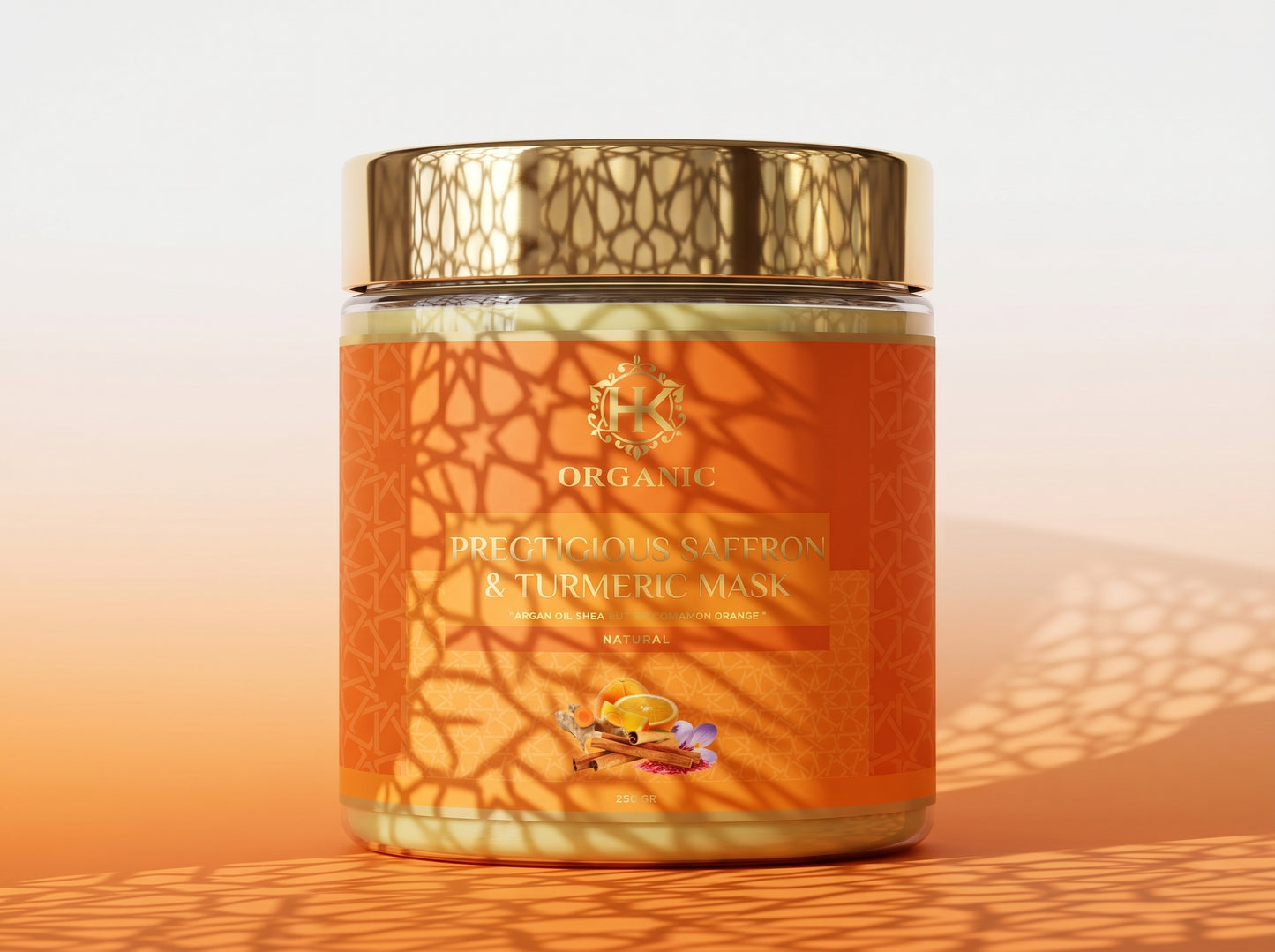 Jar of organic face mask with gold lid on a gradient background