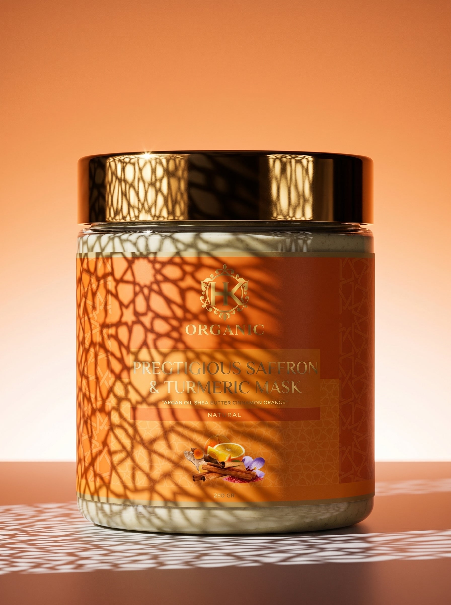 Jar of organic face mask with decorative lid on a matching background