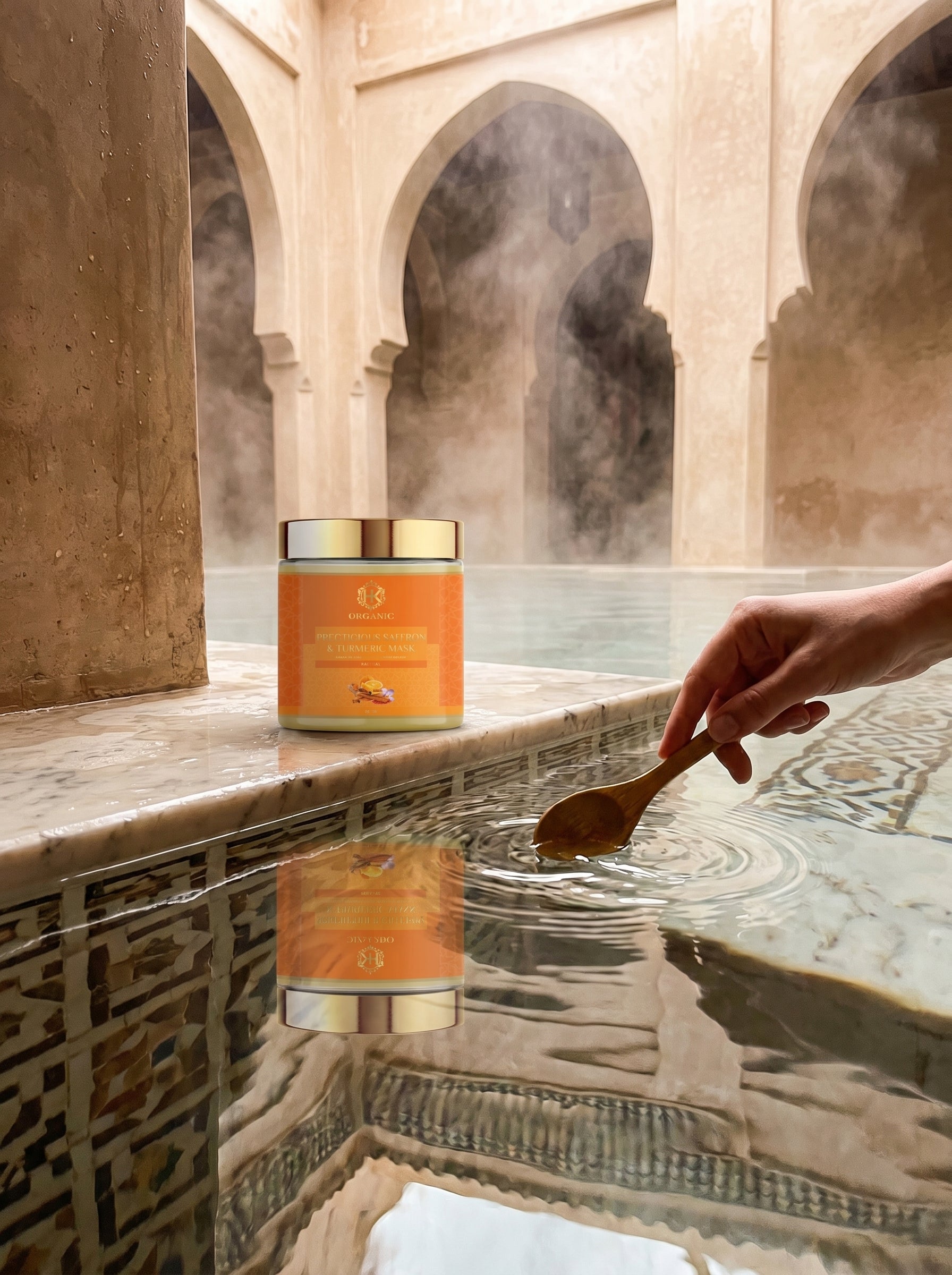 Candle with wooden spoon in a steamy bath setting