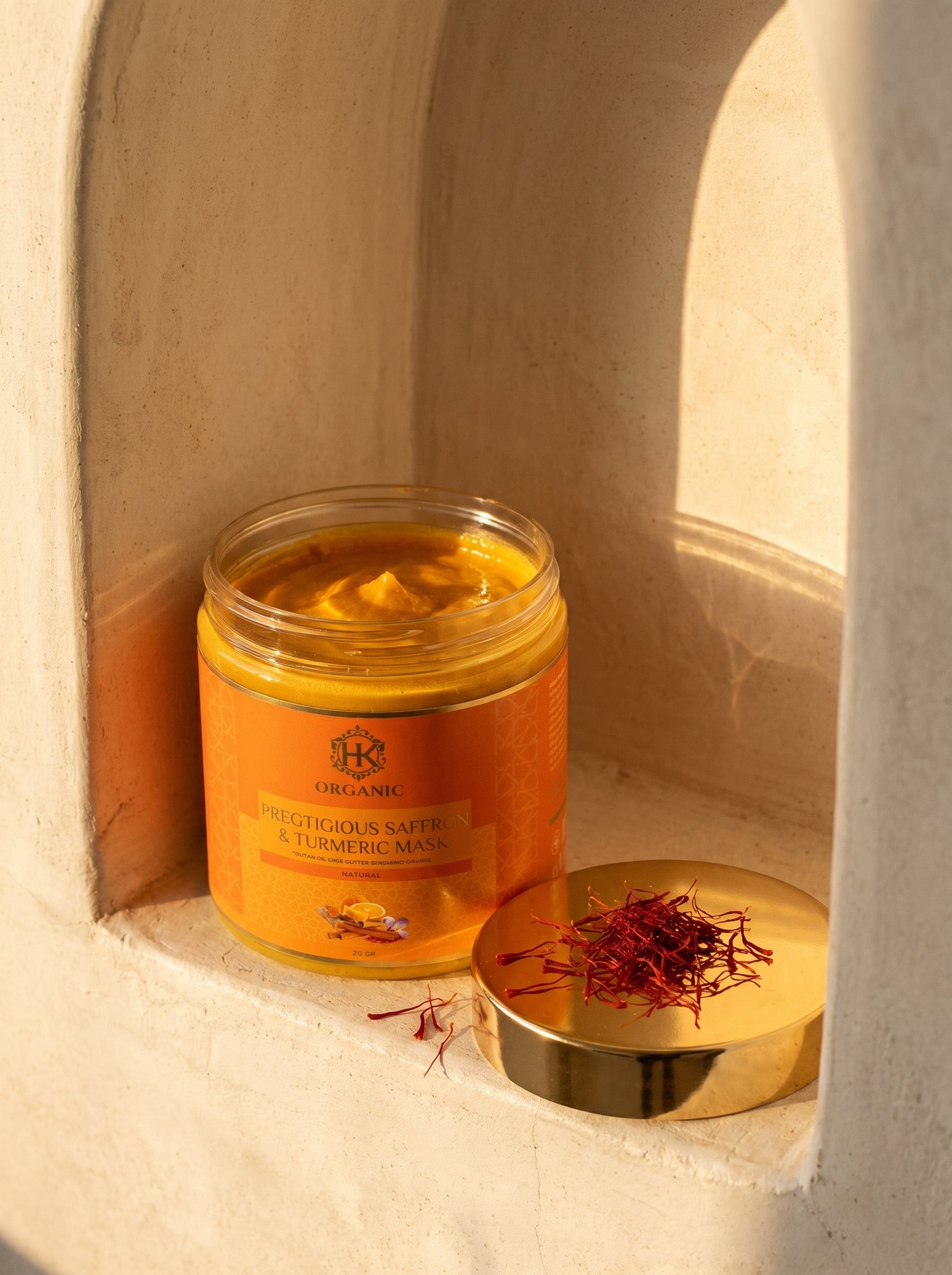 Jar of saffron with a lid on a stone surface