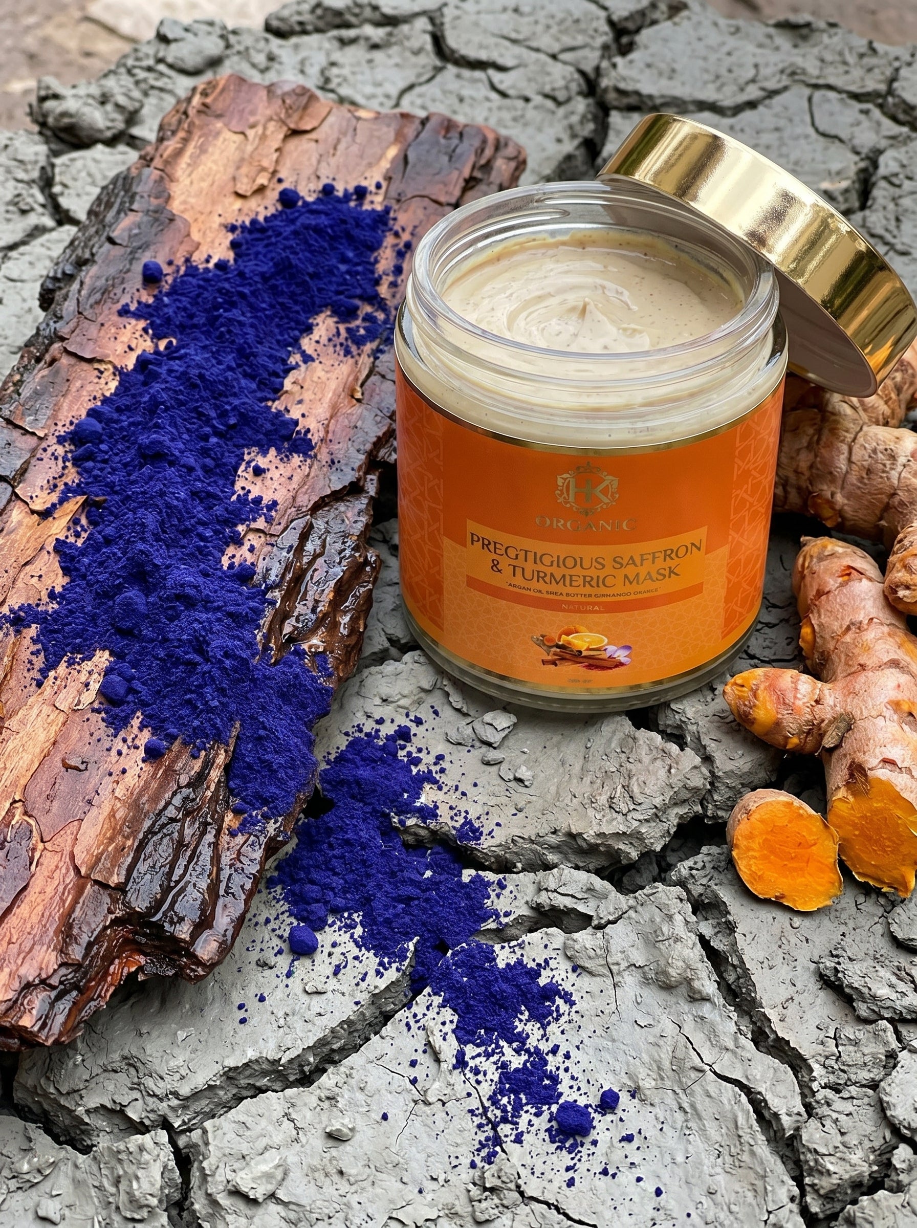 Jar of cream with turmeric root and blue powder on a cracked surface
