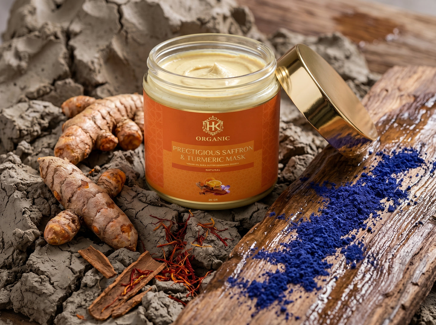 Jar of organic face mask with saffron and turmeric on a rustic background
