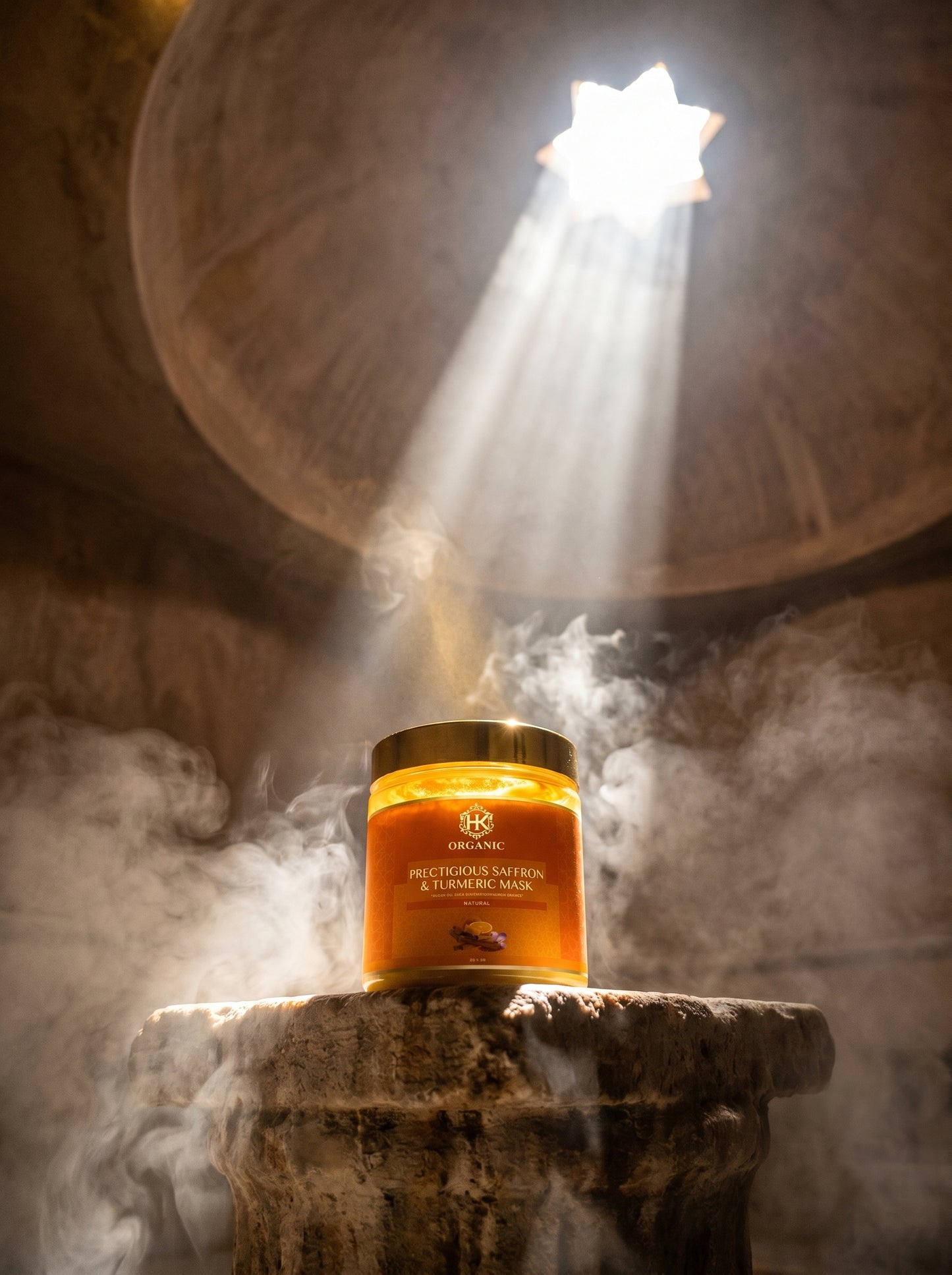 Jar of honey on a stone pedestal with a star-shaped light above, in a textured wall background