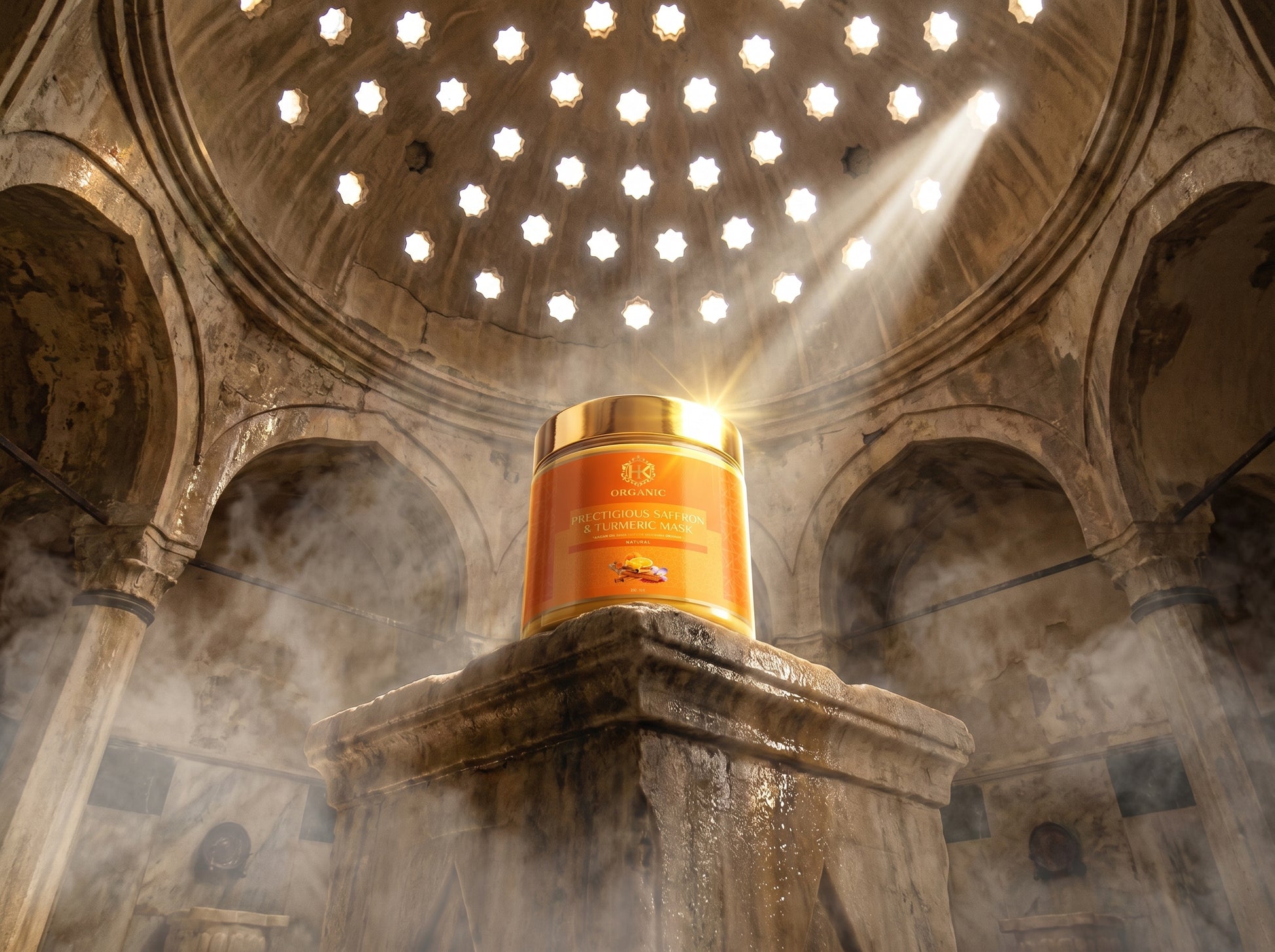 Gold cylindrical container with a label on a stone pedestal in an ancient, domed room.