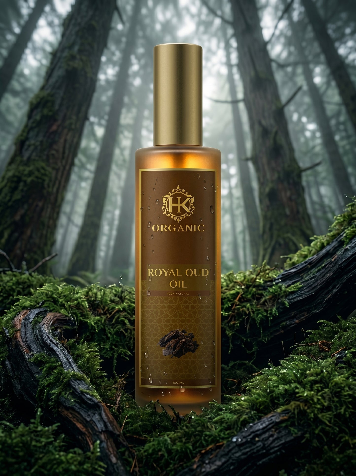 Bottle of organic royal oud oil in a forest setting