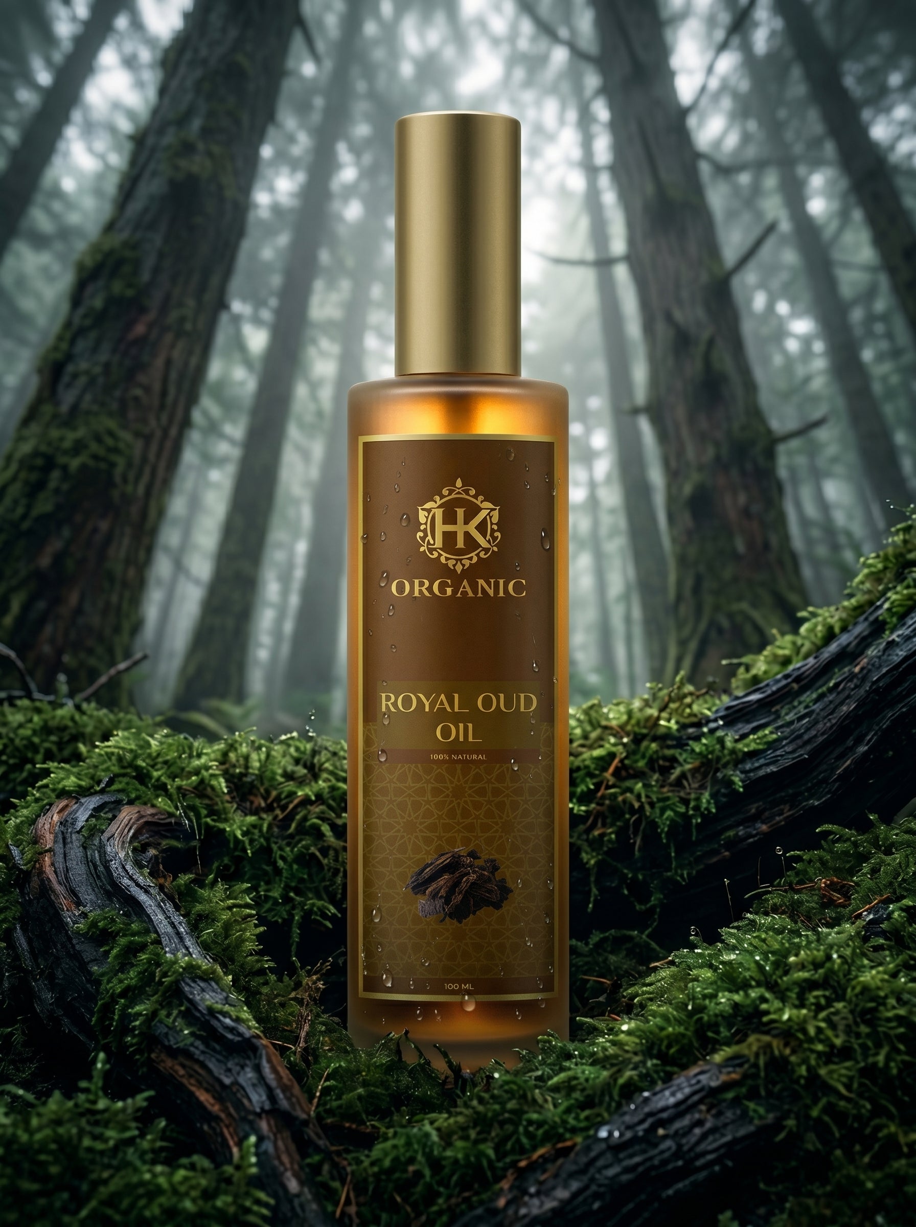 Bottle of organic royal oud oil in a forest setting