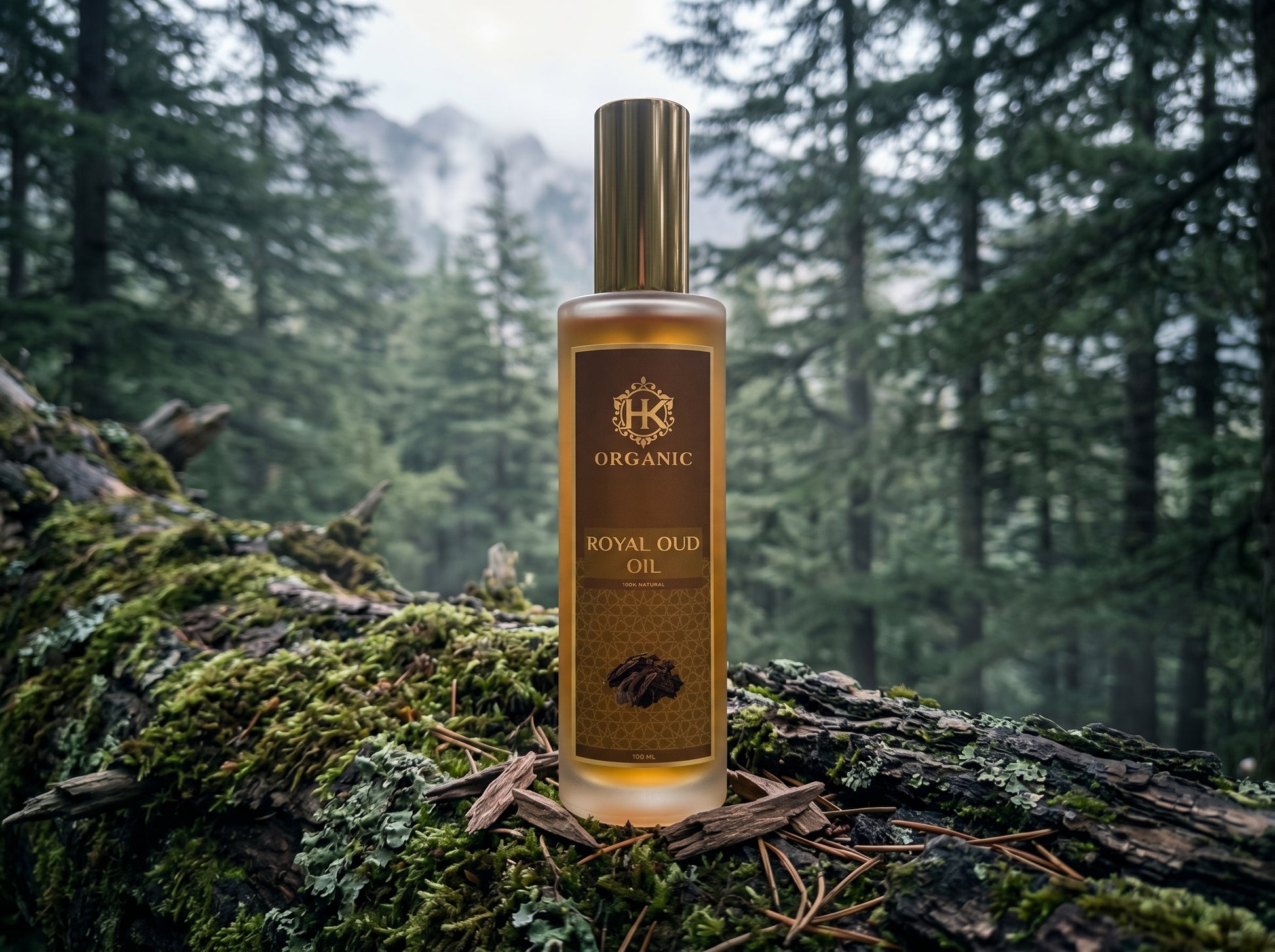 Organic Royal Oud Oil bottle on a mossy log with a forest background