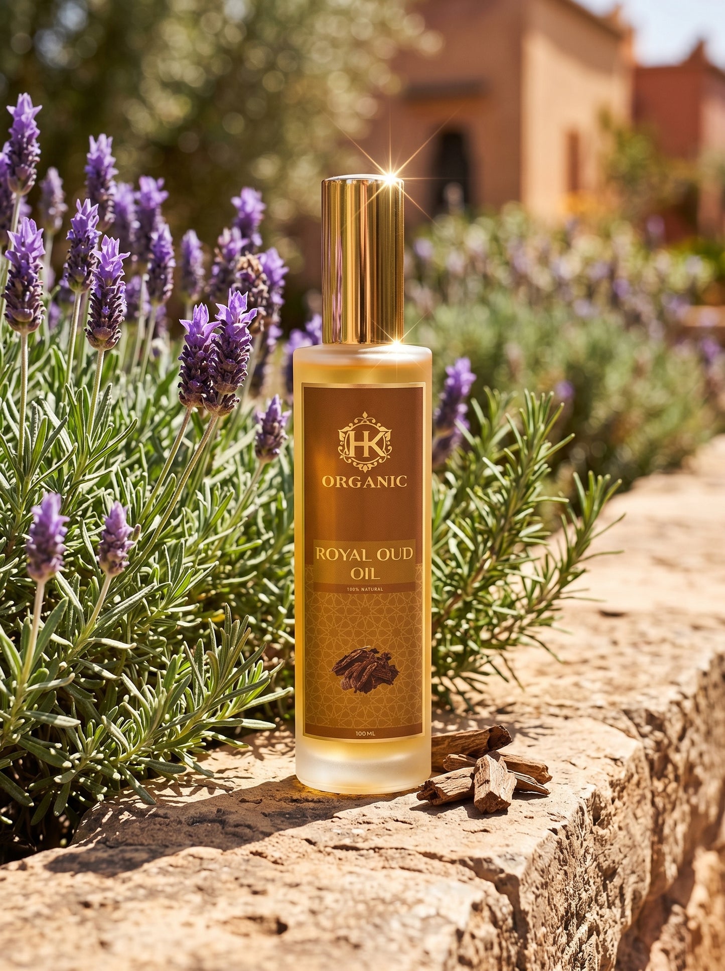 Royal Oud Oil bottle with lavender flowers in the background