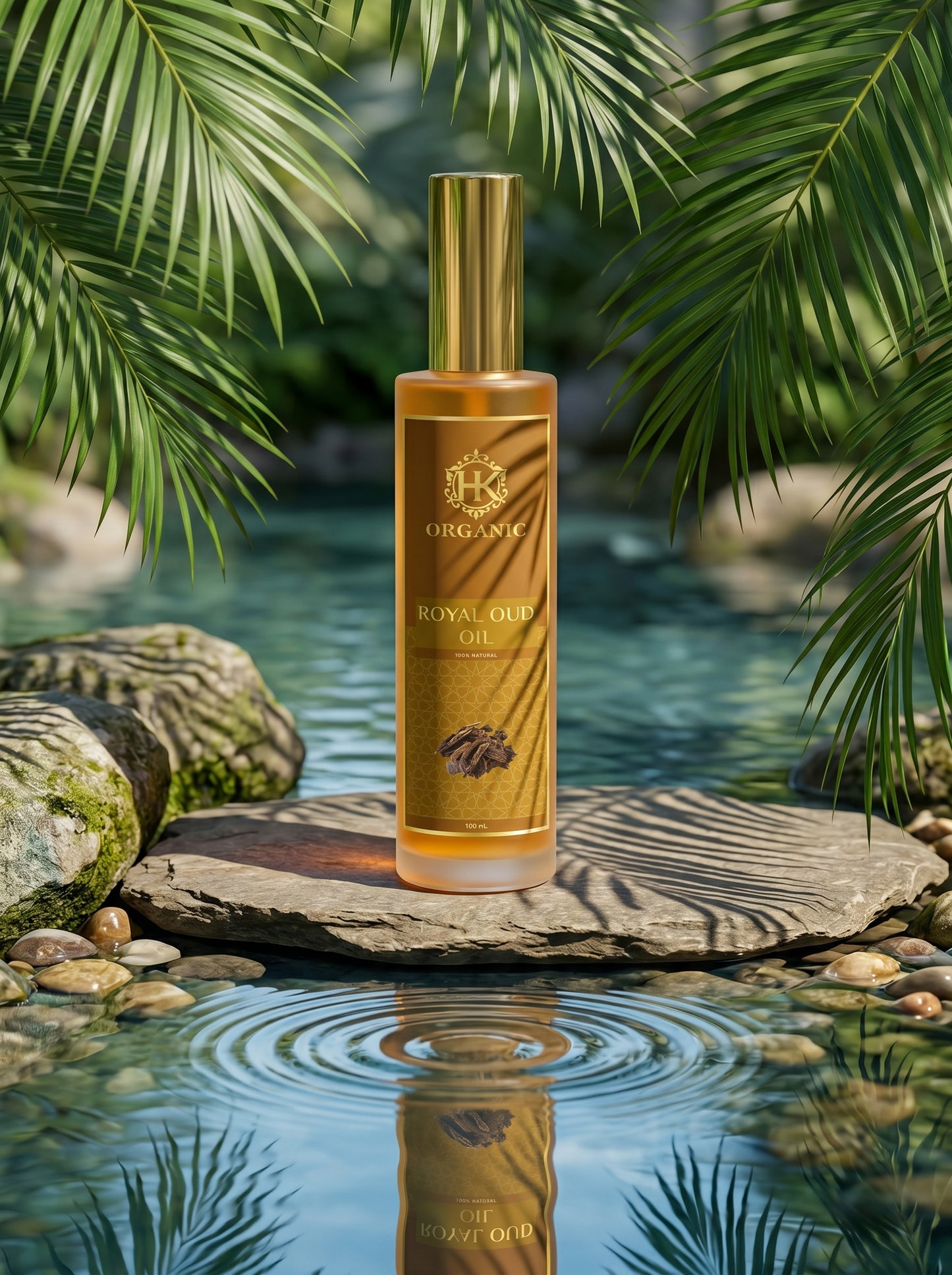Gold bottle of 'Royal Oil' on a stone with a natural background
