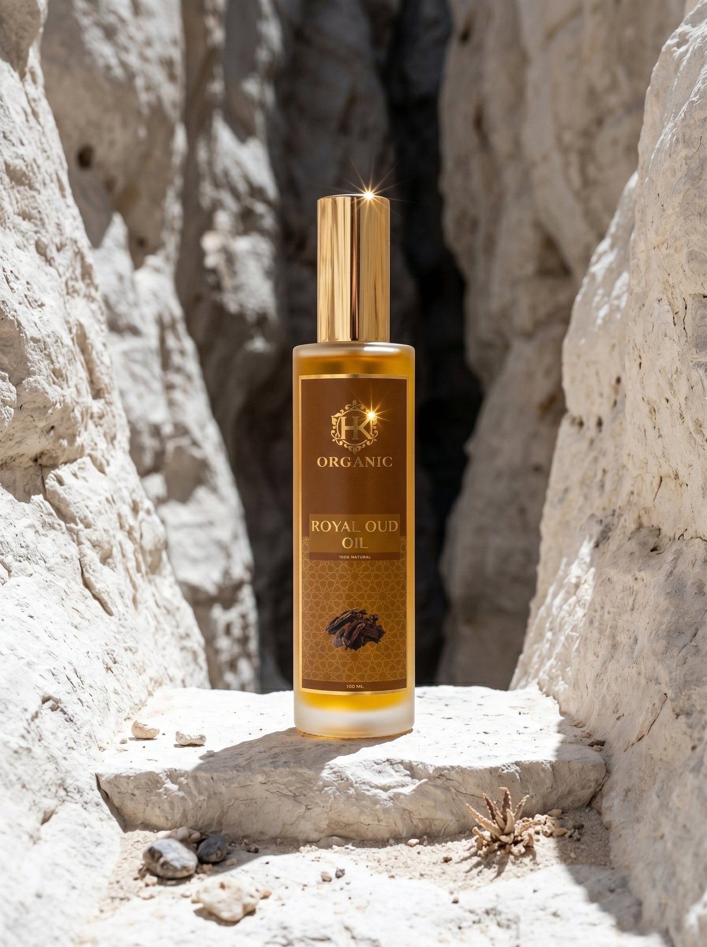 Bottle of Organic Royal Oud Oil in a rocky desert setting