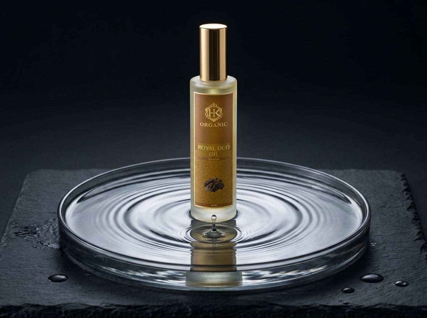 Bottle of organic royal cream on a dark background with water ripples.