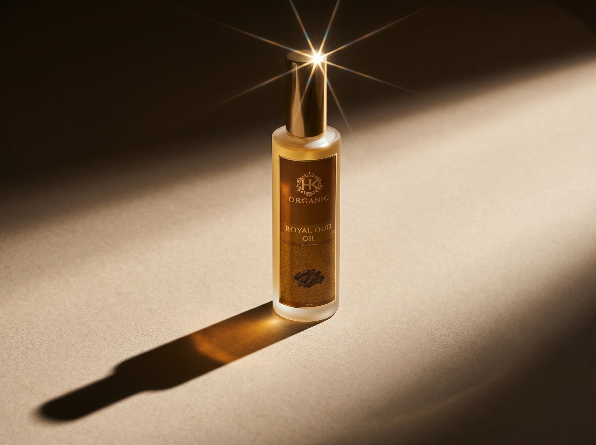 Vial of Royal Deluxe Oil on a beige surface with a spotlight effect