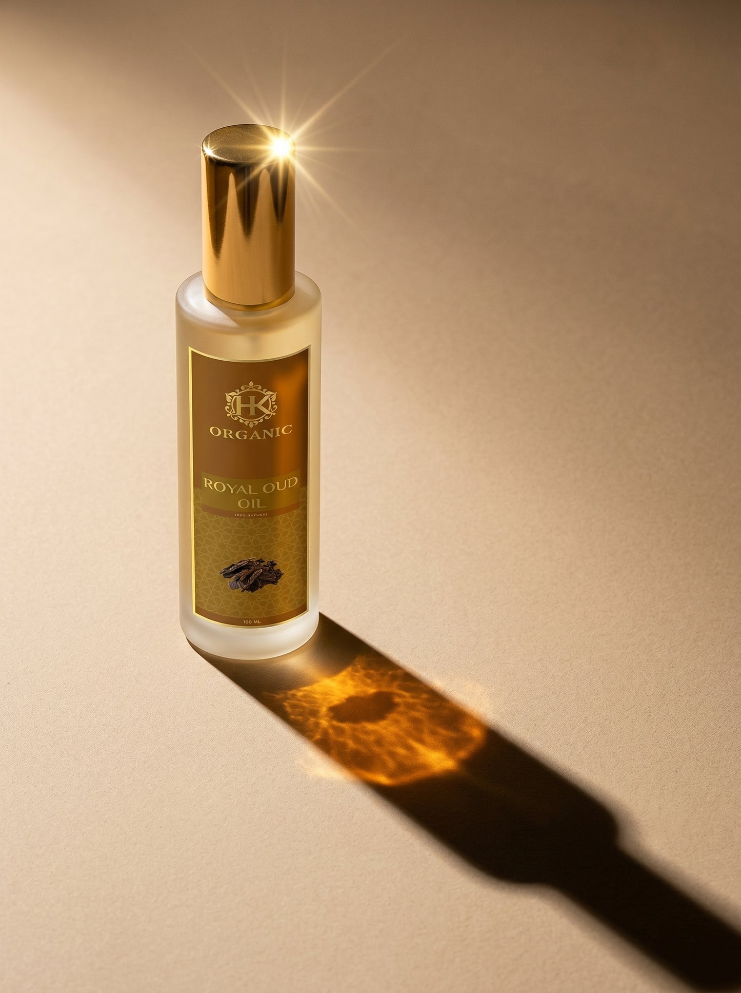 Bottle of organic royal olive oil with a gold cap on a beige background