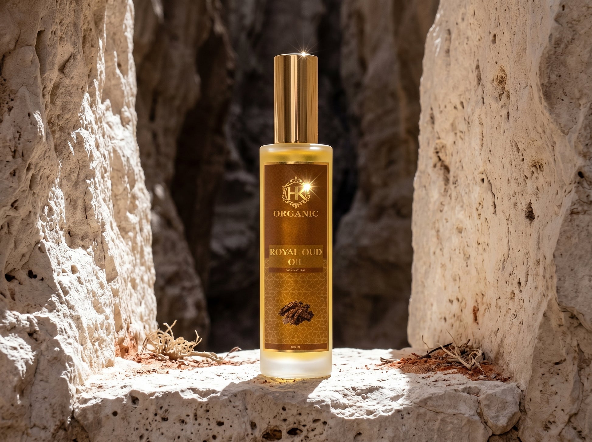 Bottle of organic royal oil on a stone surface with natural light